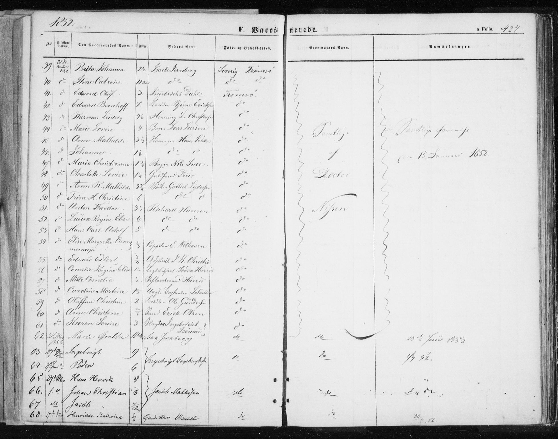 Tromsø sokneprestkontor/stiftsprosti/domprosti, AV/SATØ-S-1343/G/Ga/L0010kirke: Parish register (official) no. 10, 1848-1855, p. 424