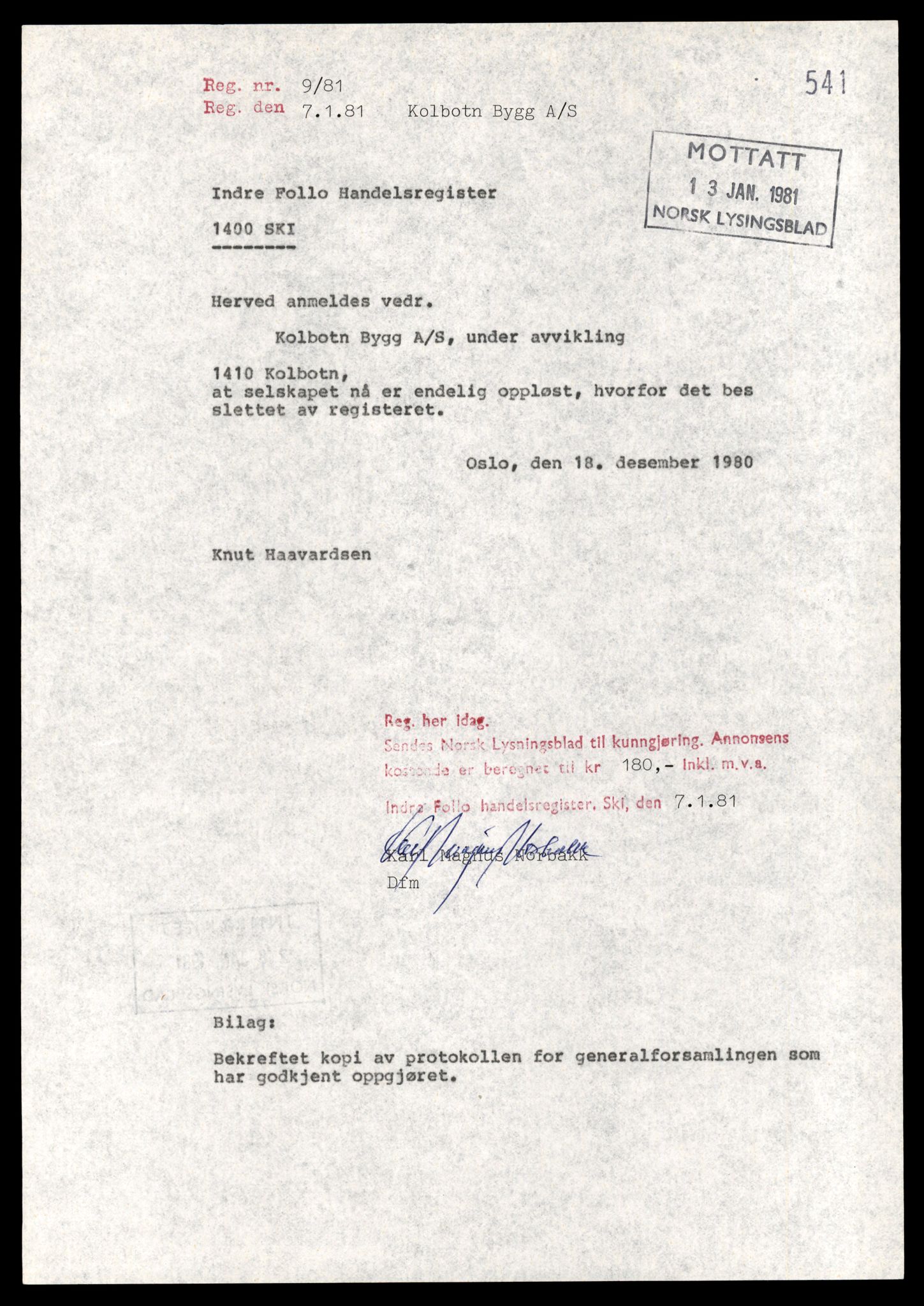 Indre Follo tingrett, AV/SAT-A-10086/K/Kb/Kba/L0016: Aksjeselskap, Ko - Lof, 1944-1990, p. 1