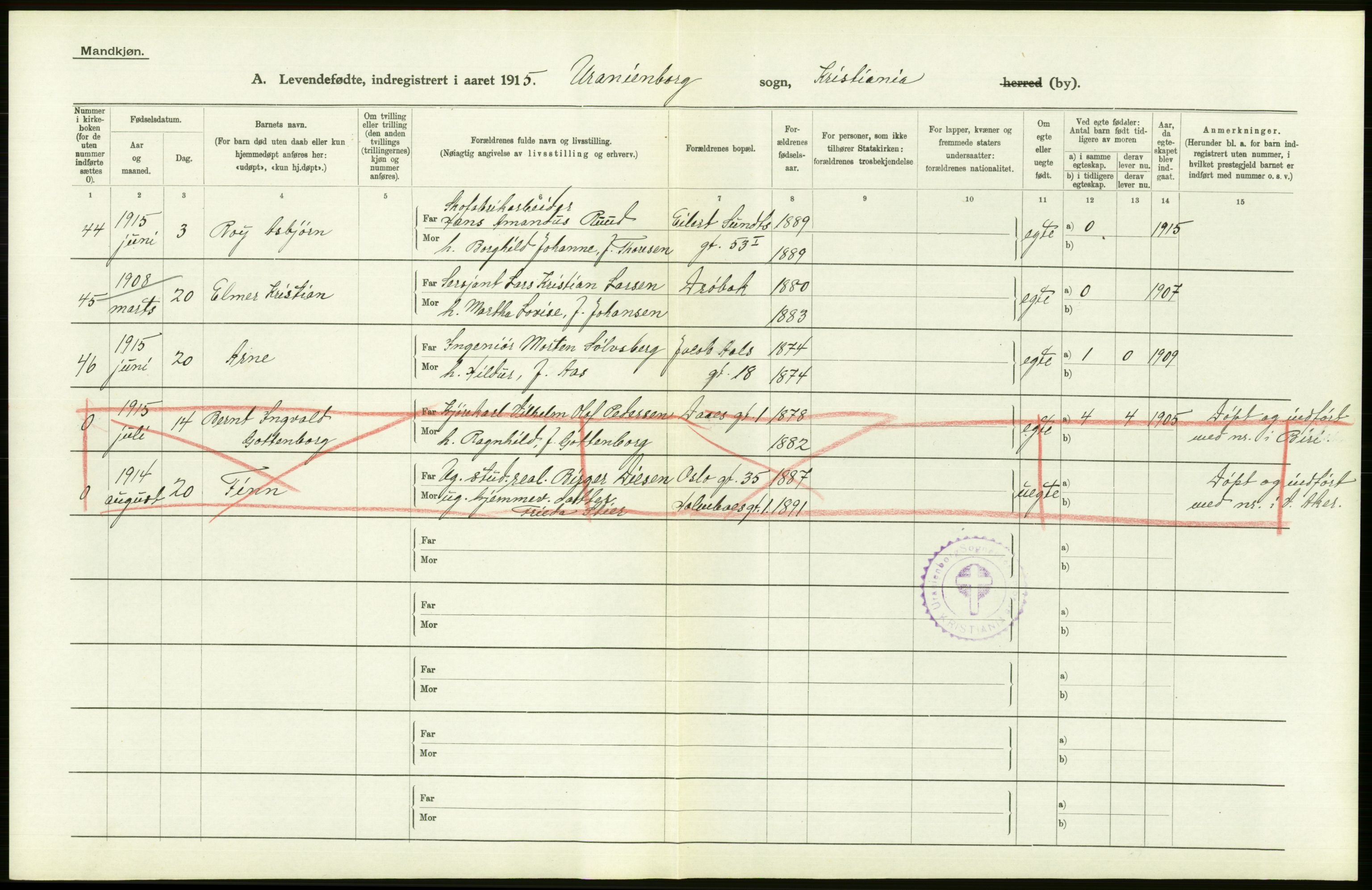 Statistisk sentralbyrå, Sosiodemografiske emner, Befolkning, AV/RA-S-2228/D/Df/Dfb/Dfbe/L0007: Kristiania: Levendefødte menn og kvinner., 1915, p. 510