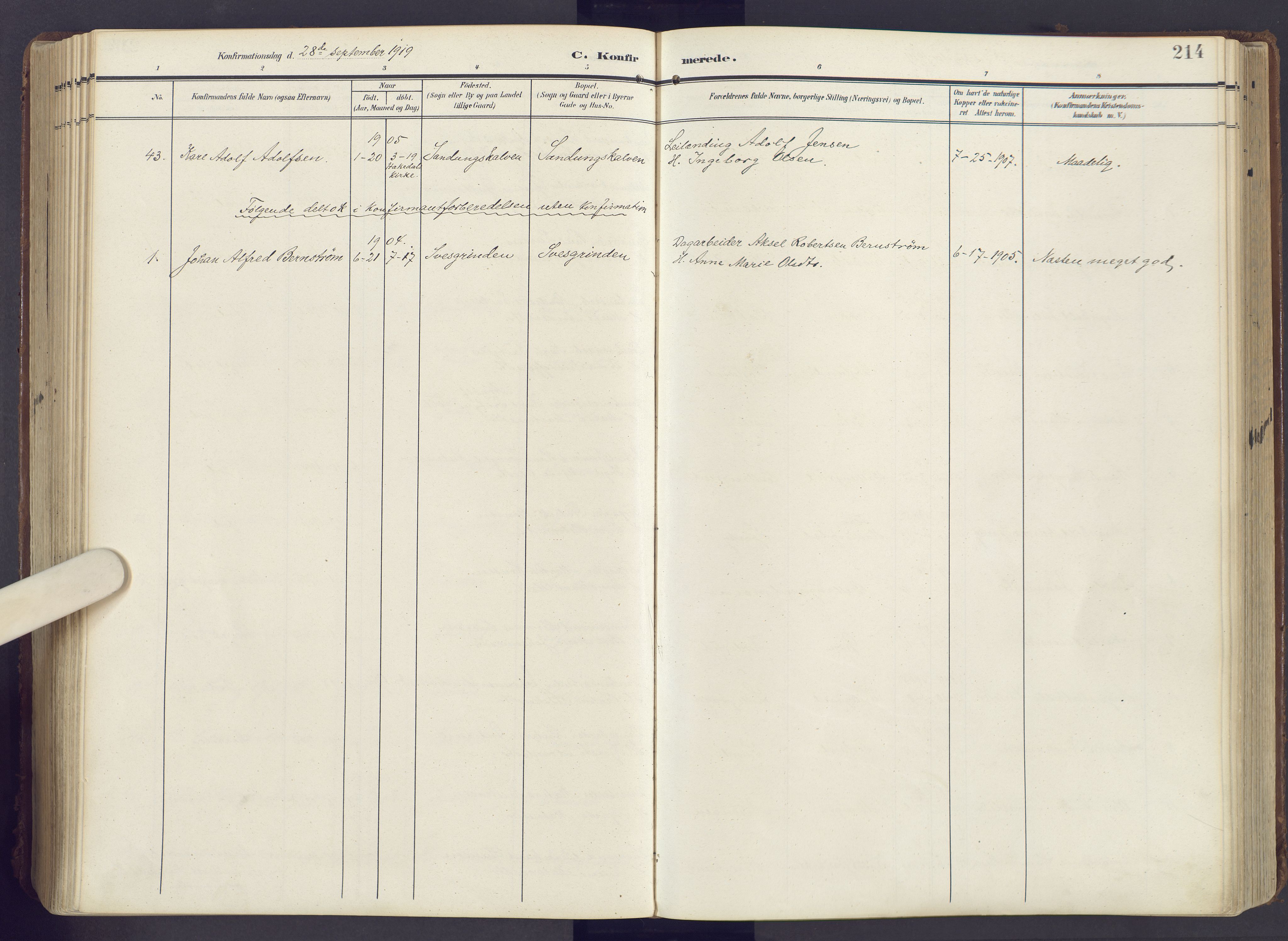 Lunner prestekontor, AV/SAH-PREST-118/H/Ha/Haa/L0001: Parish register (official) no. 1, 1907-1922, p. 214