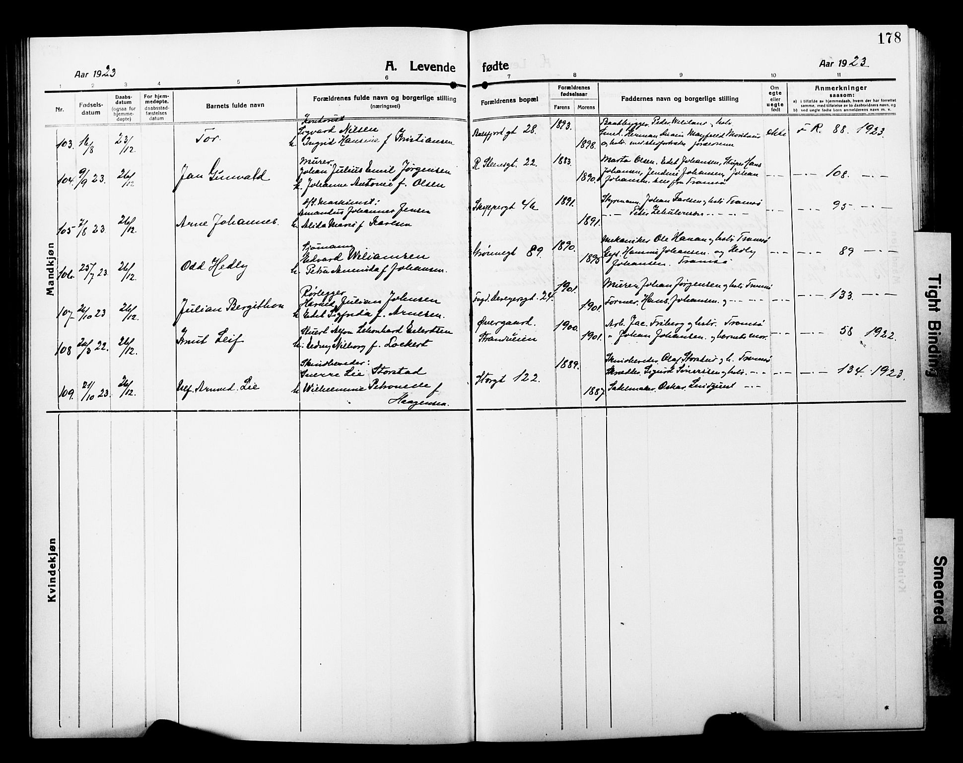 Tromsø sokneprestkontor/stiftsprosti/domprosti, AV/SATØ-S-1343/G/Gb/L0009klokker: Parish register (copy) no. 9, 1915-1925, p. 178