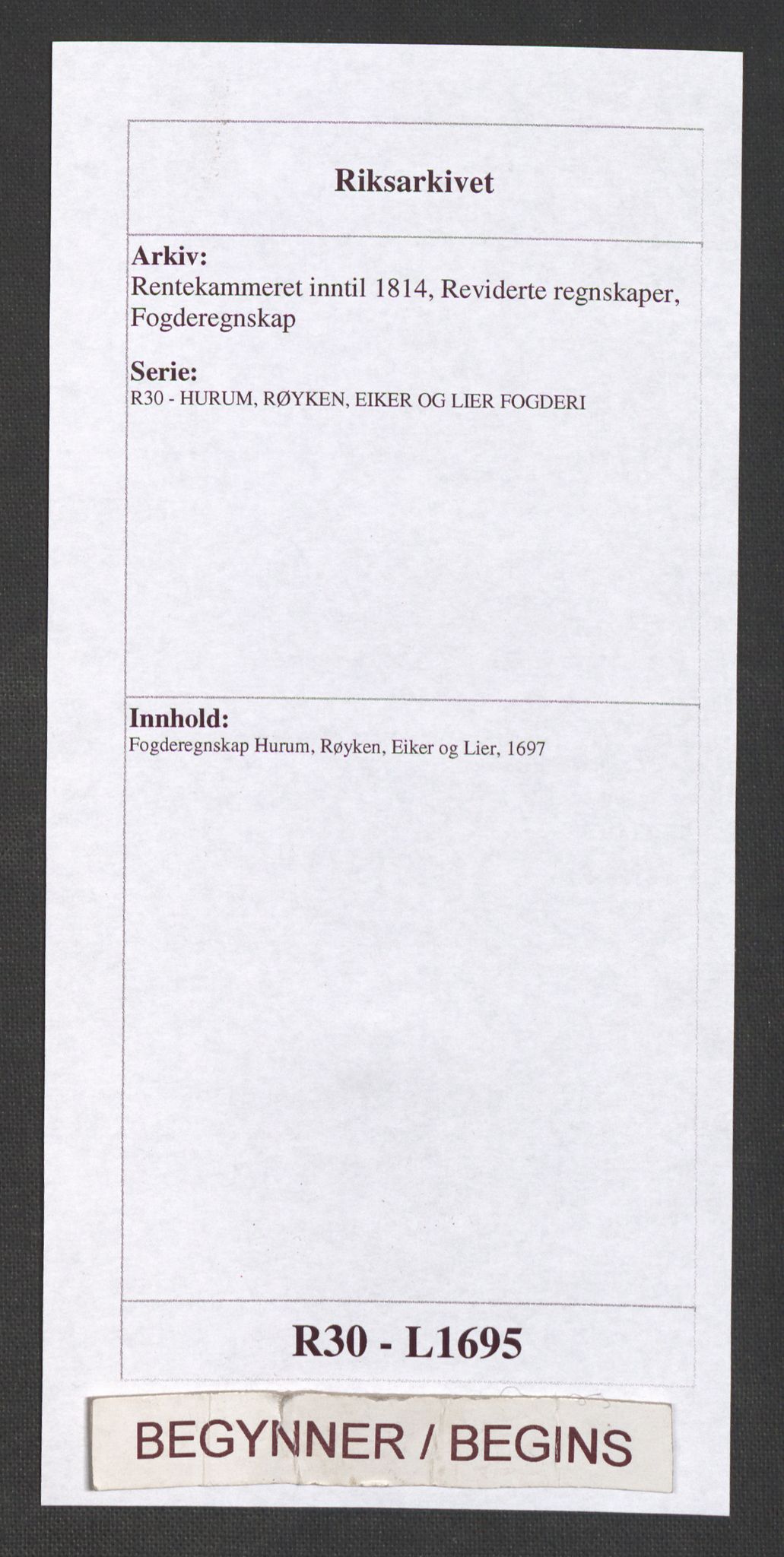 Rentekammeret inntil 1814, Reviderte regnskaper, Fogderegnskap, AV/RA-EA-4092/R30/L1695: Fogderegnskap Hurum, Røyken, Eiker og Lier, 1697, p. 1