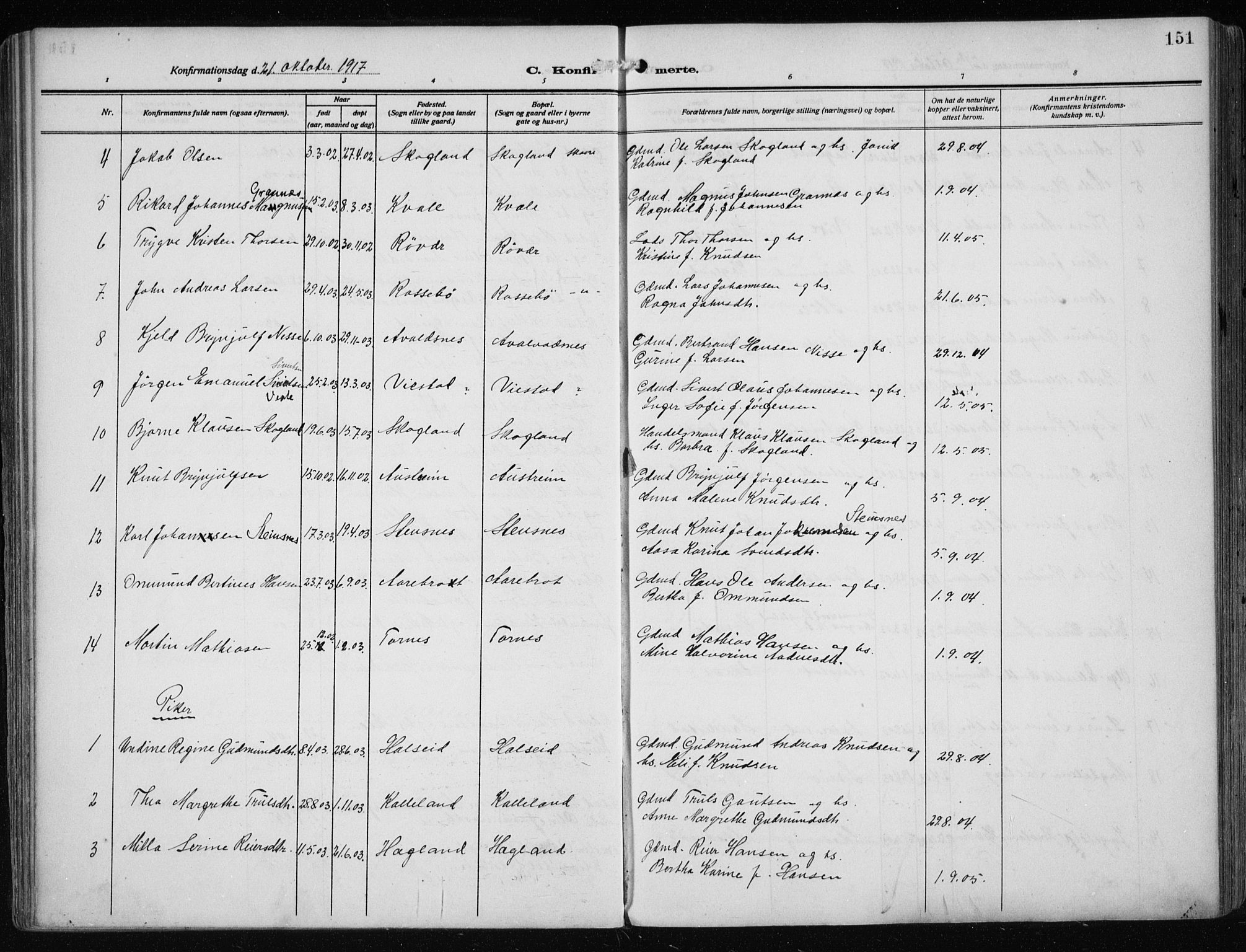 Haugesund sokneprestkontor, SAST/A -101863/H/Ha/Haa/L0010: Parish register (official) no. A 10, 1909-1935, p. 151