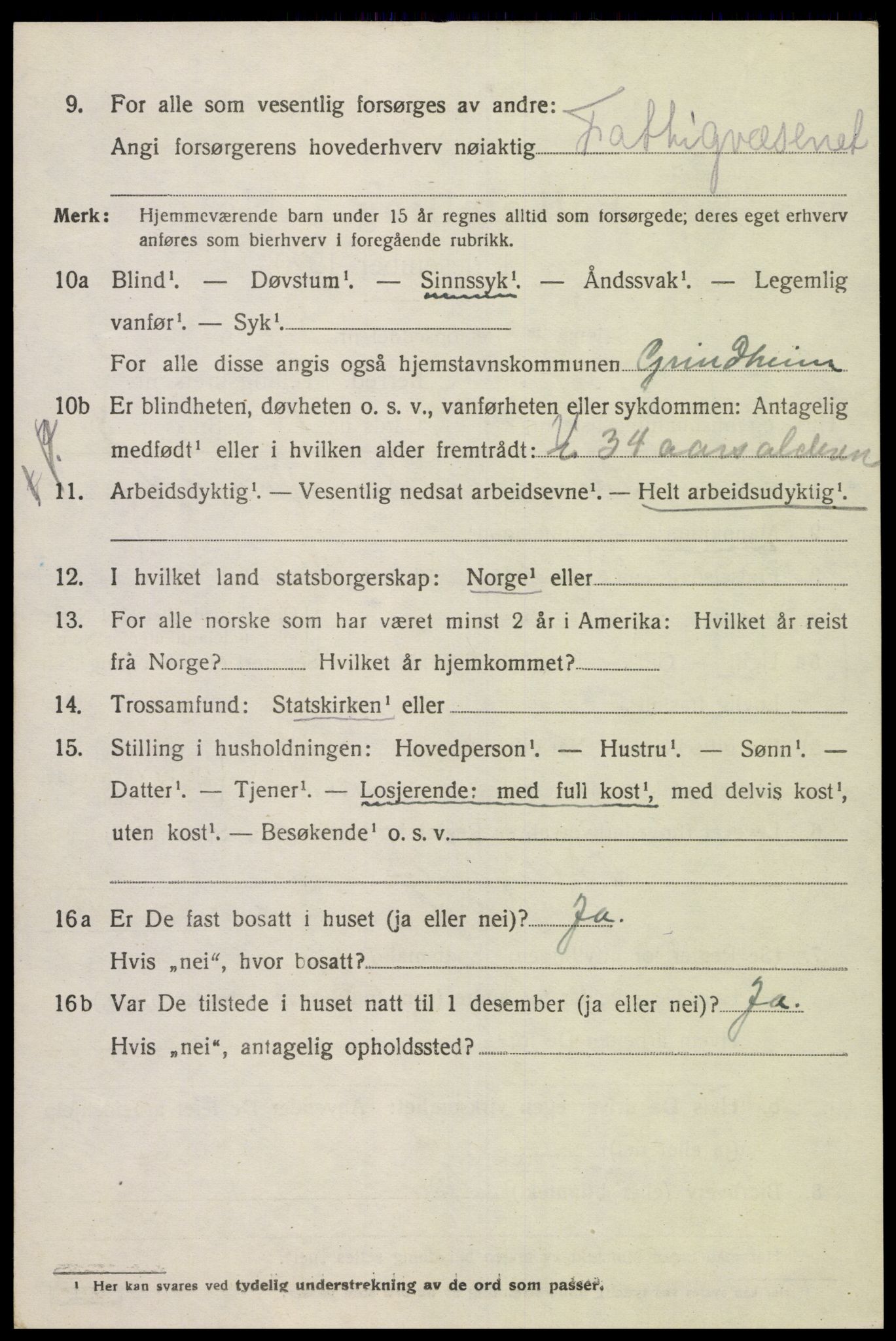 SAK, 1920 census for Grindheim, 1920, p. 878