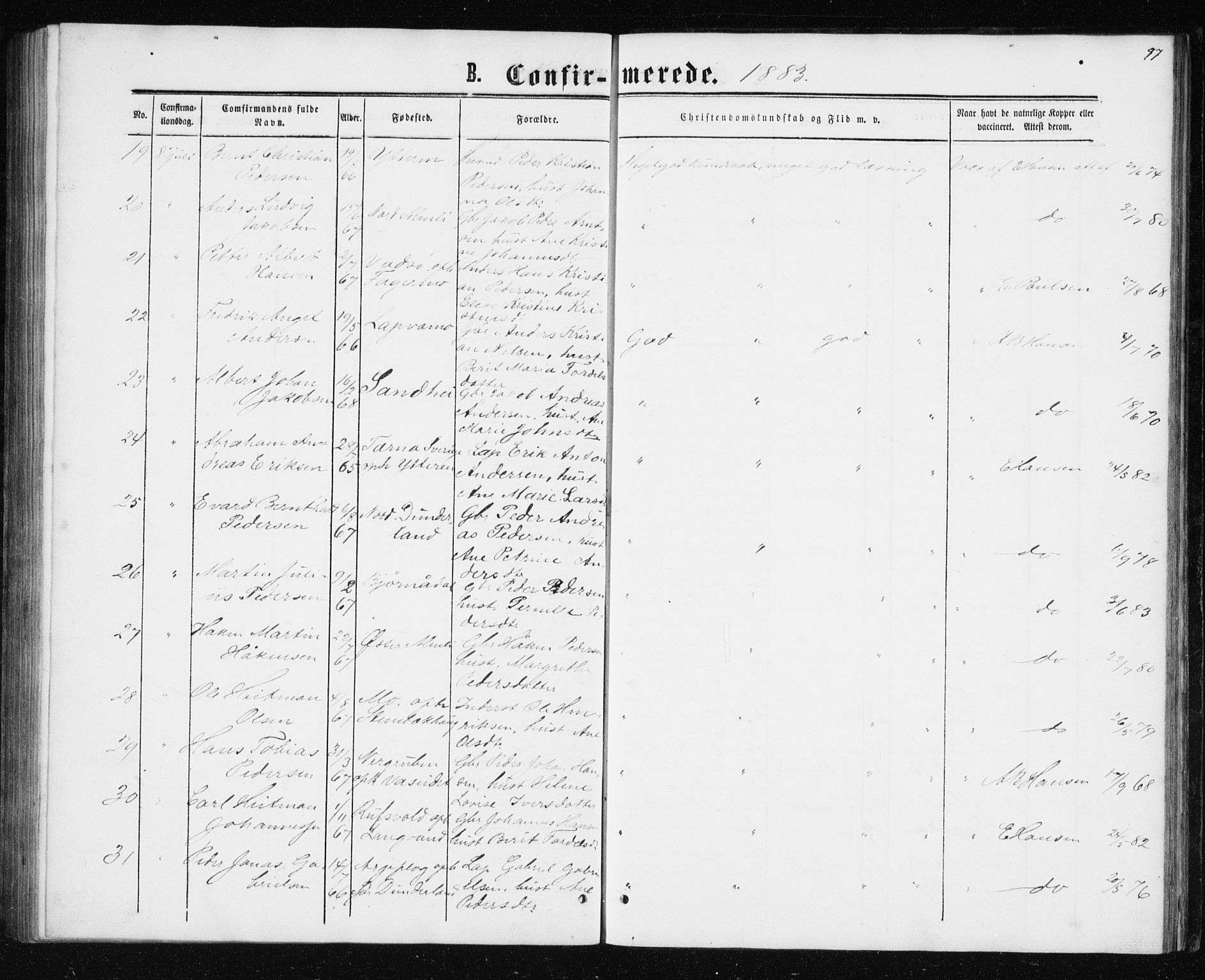 Ministerialprotokoller, klokkerbøker og fødselsregistre - Nordland, AV/SAT-A-1459/827/L0416: Parish register (copy) no. 827C05, 1865-1886, p. 97