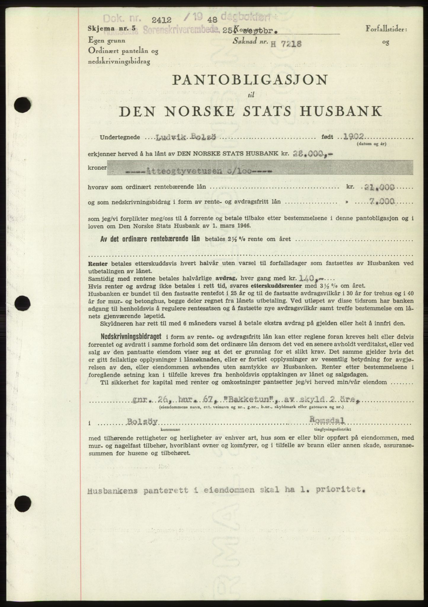 Romsdal sorenskriveri, AV/SAT-A-4149/1/2/2C: Mortgage book no. B4, 1948-1949, Diary no: : 2412/1948