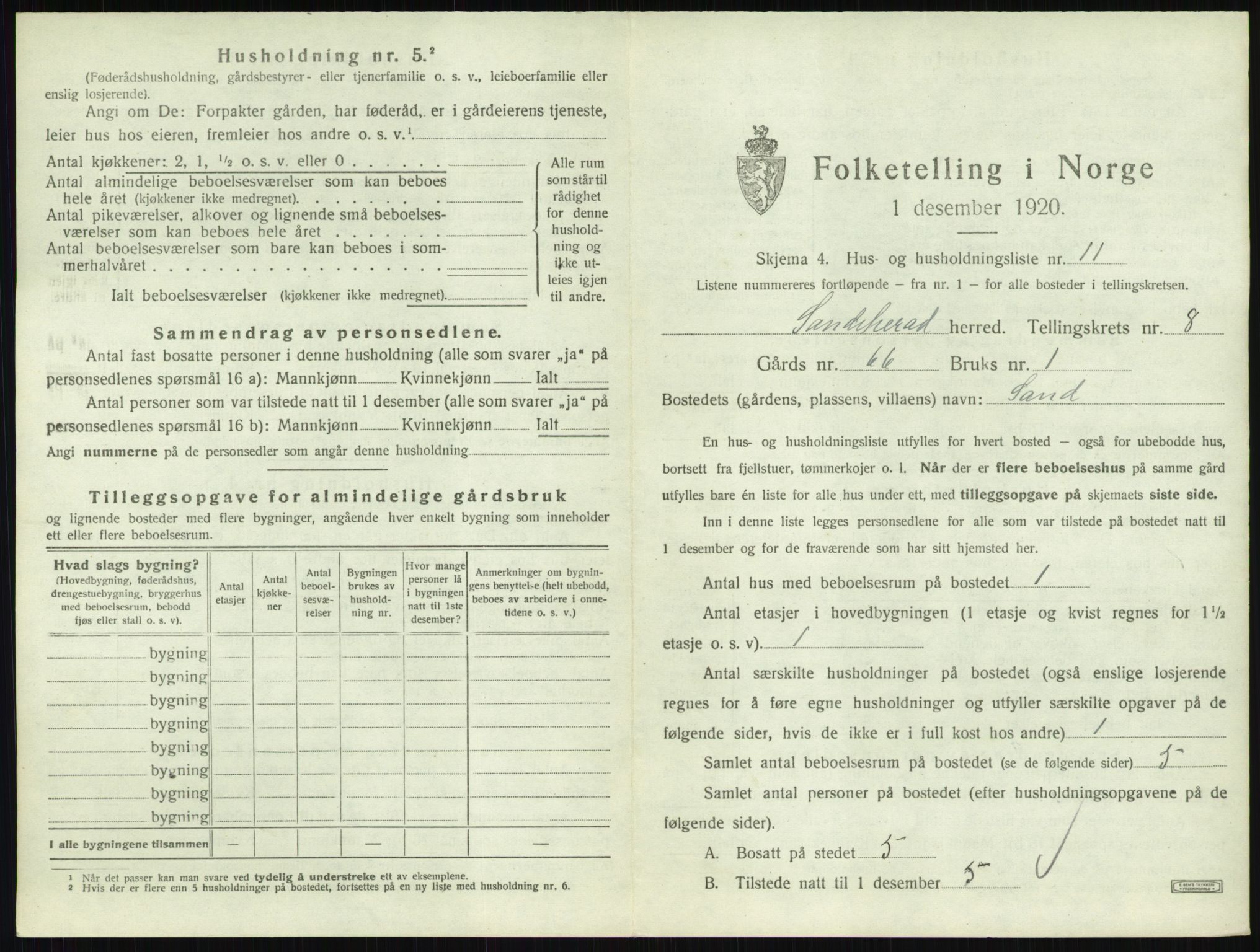 SAKO, 1920 census for Sandeherred, 1920, p. 1614