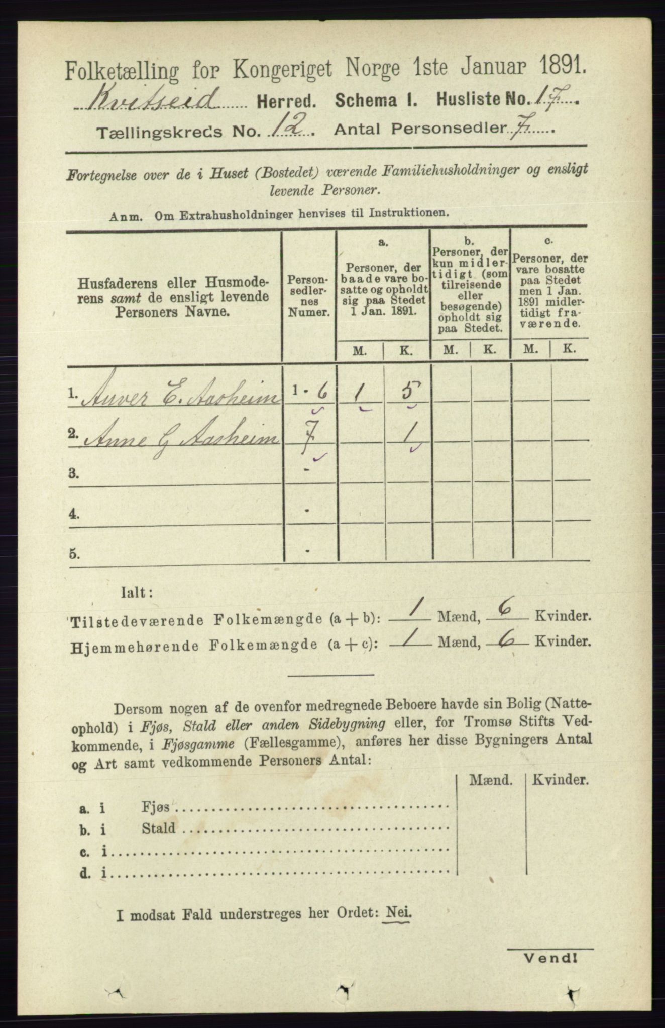 RA, 1891 census for 0829 Kviteseid, 1891, p. 2830