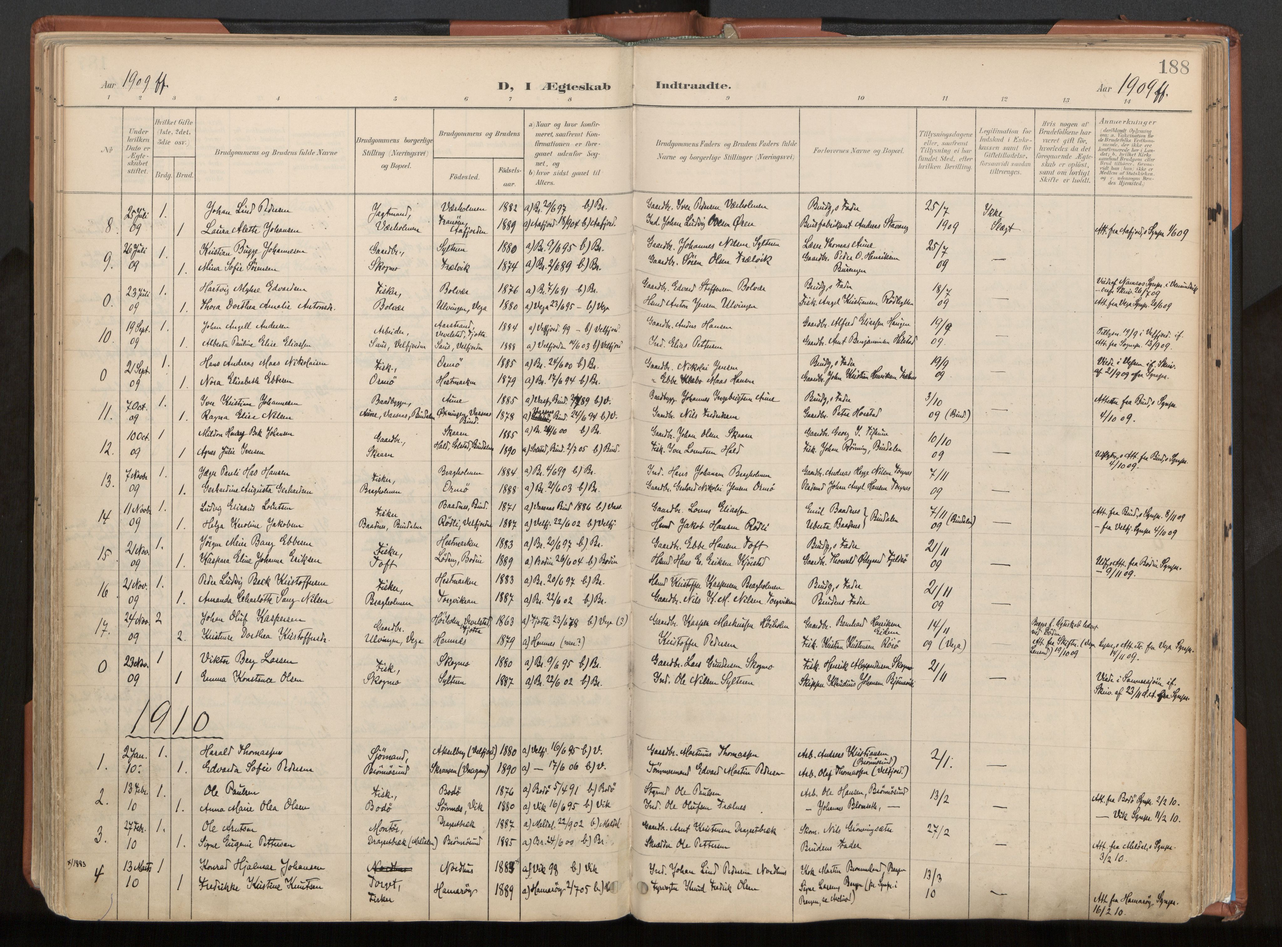 Ministerialprotokoller, klokkerbøker og fødselsregistre - Nordland, AV/SAT-A-1459/813/L0201: Parish register (official) no. 813A11, 1901-1918, p. 188