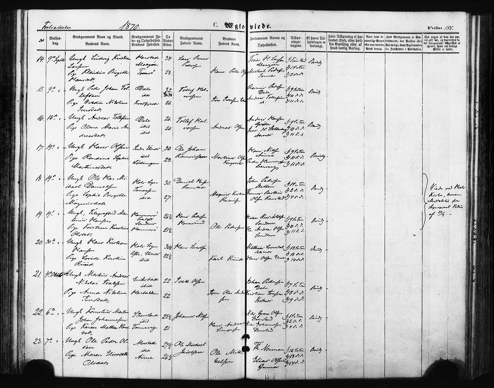 Trondenes sokneprestkontor, AV/SATØ-S-1319/H/Ha/L0013kirke: Parish register (official) no. 13, 1870-1878, p. 185