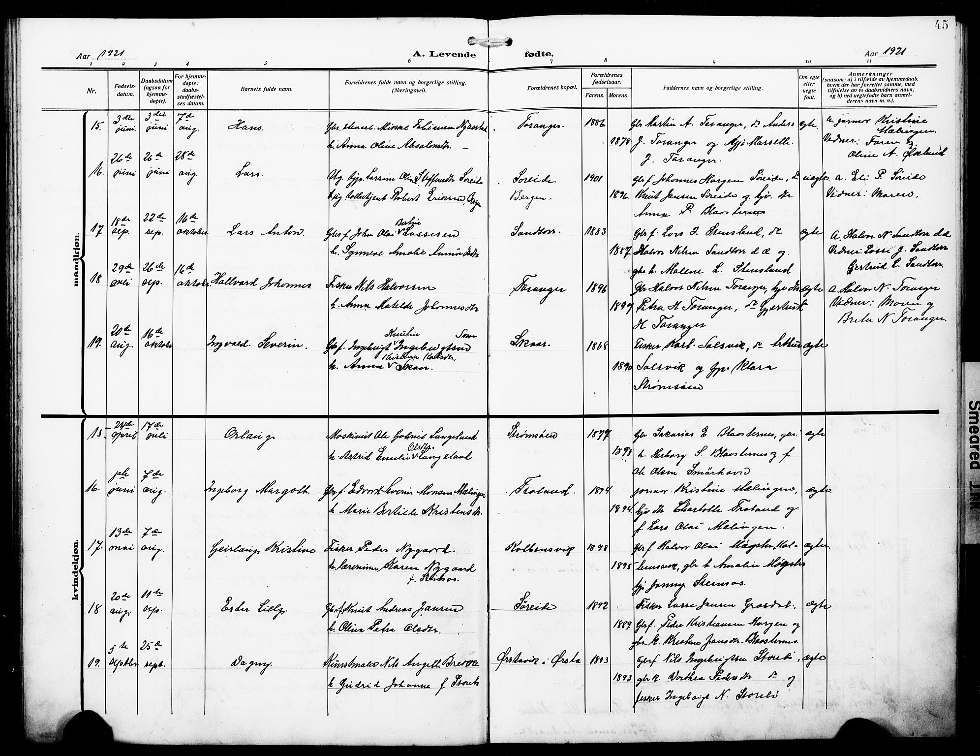 Austevoll sokneprestembete, AV/SAB-A-74201/H/Ha/Hab/Haba/L0005: Parish register (copy) no. A 5, 1913-1925, p. 45