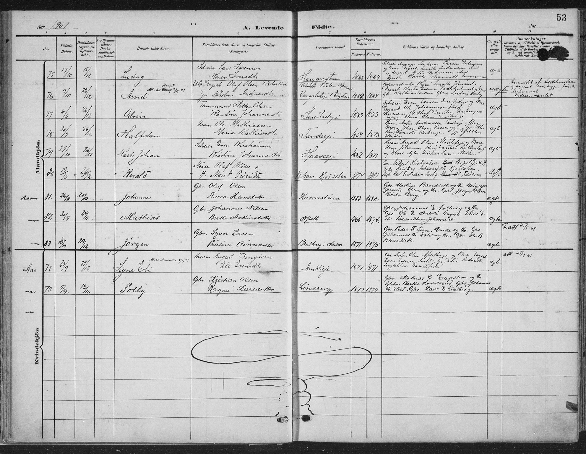 Ringsaker prestekontor, SAH/PREST-014/K/Ka/L0018: Parish register (official) no. 18, 1903-1912, p. 53