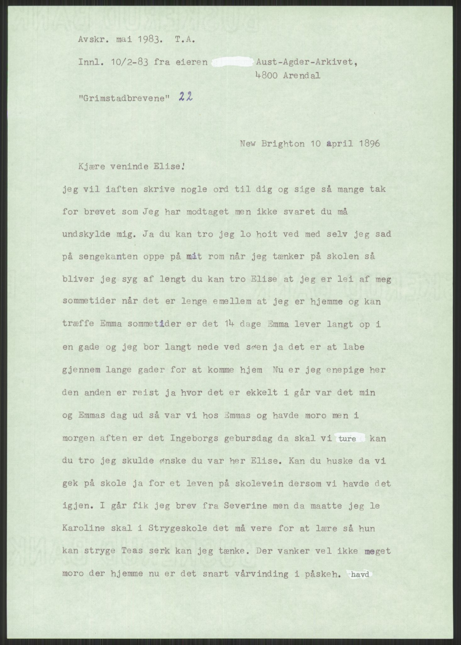 Samlinger til kildeutgivelse, Amerikabrevene, AV/RA-EA-4057/F/L0025: Innlån fra Aust-Agder: Aust-Agder-Arkivet, Grimstadbrevene, 1838-1914, p. 219