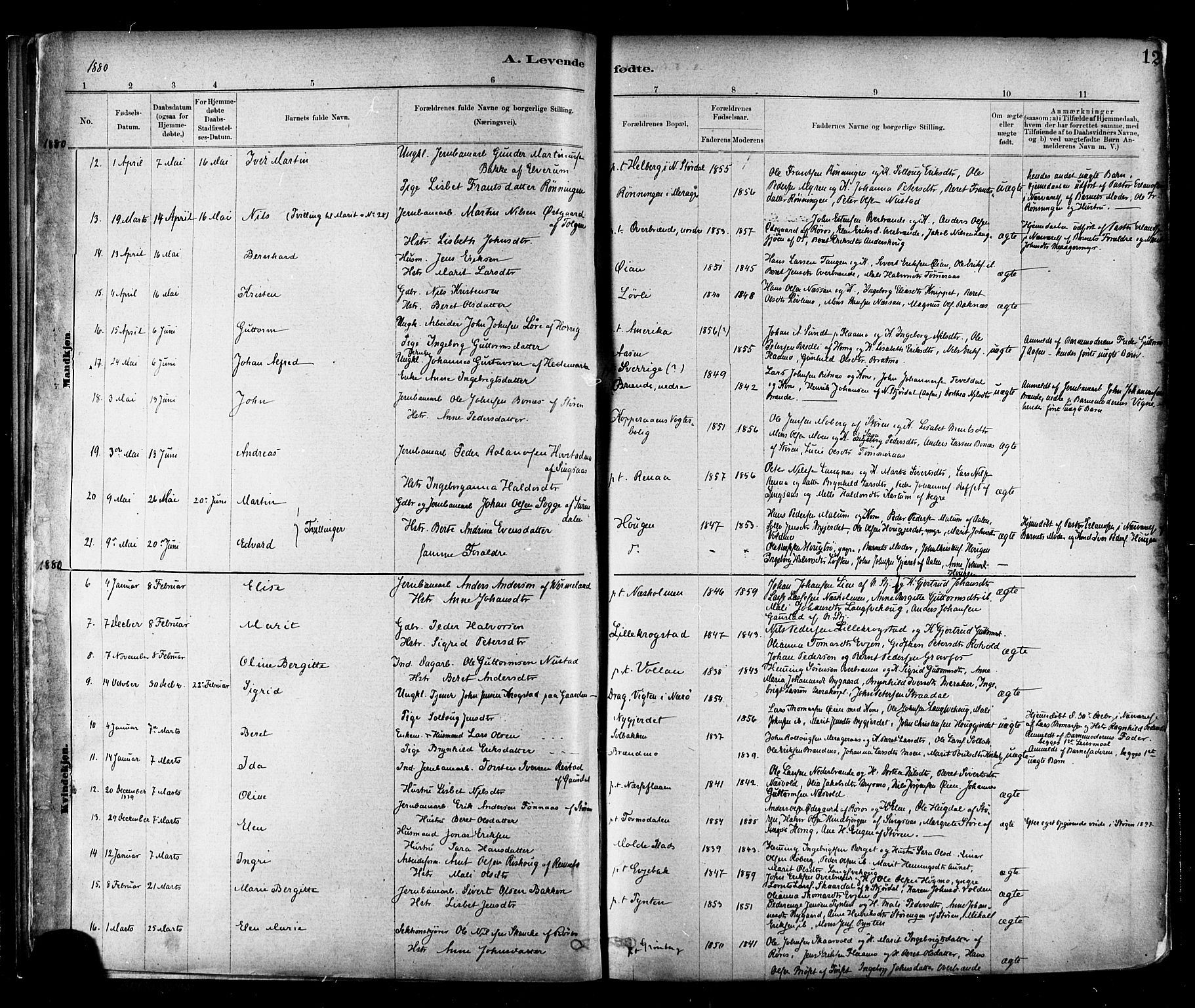 Ministerialprotokoller, klokkerbøker og fødselsregistre - Nord-Trøndelag, SAT/A-1458/706/L0047: Parish register (official) no. 706A03, 1878-1892, p. 12