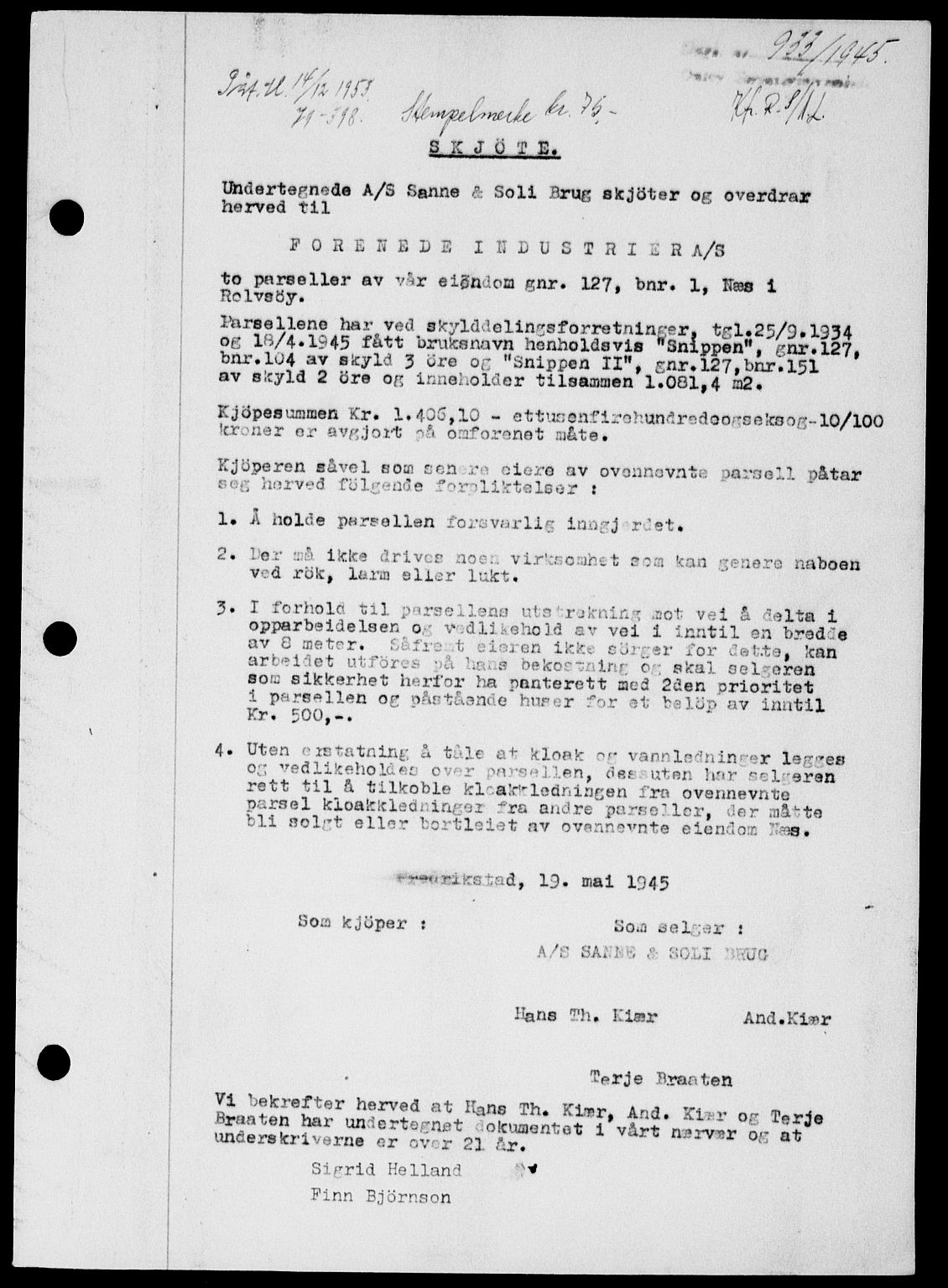 Onsøy sorenskriveri, SAO/A-10474/G/Ga/Gab/L0014: Mortgage book no. II A-14, 1944-1945, Diary no: : 933/1945