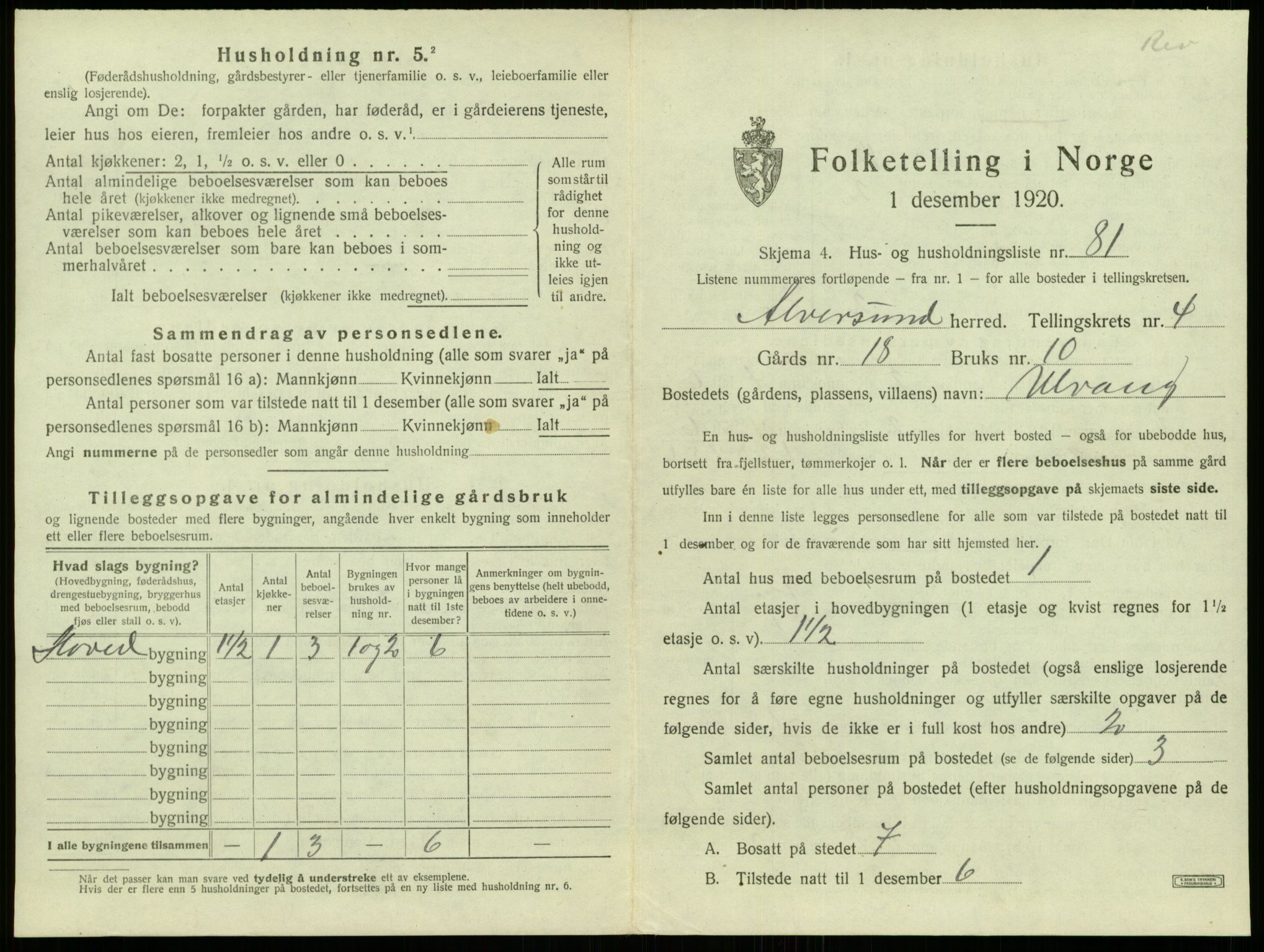 SAB, 1920 census for Alversund, 1920, p. 437