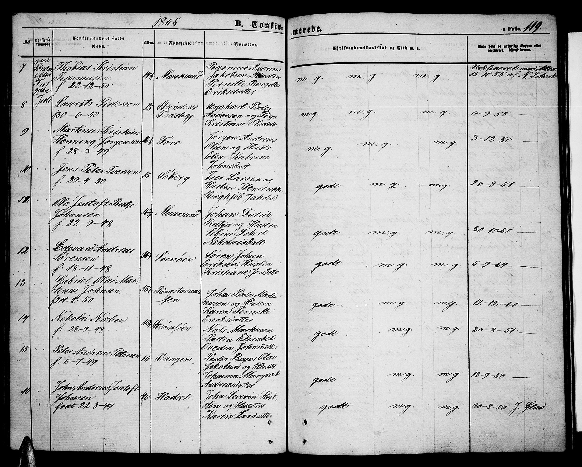 Ministerialprotokoller, klokkerbøker og fødselsregistre - Nordland, AV/SAT-A-1459/891/L1313: Parish register (copy) no. 891C02, 1856-1870, p. 119