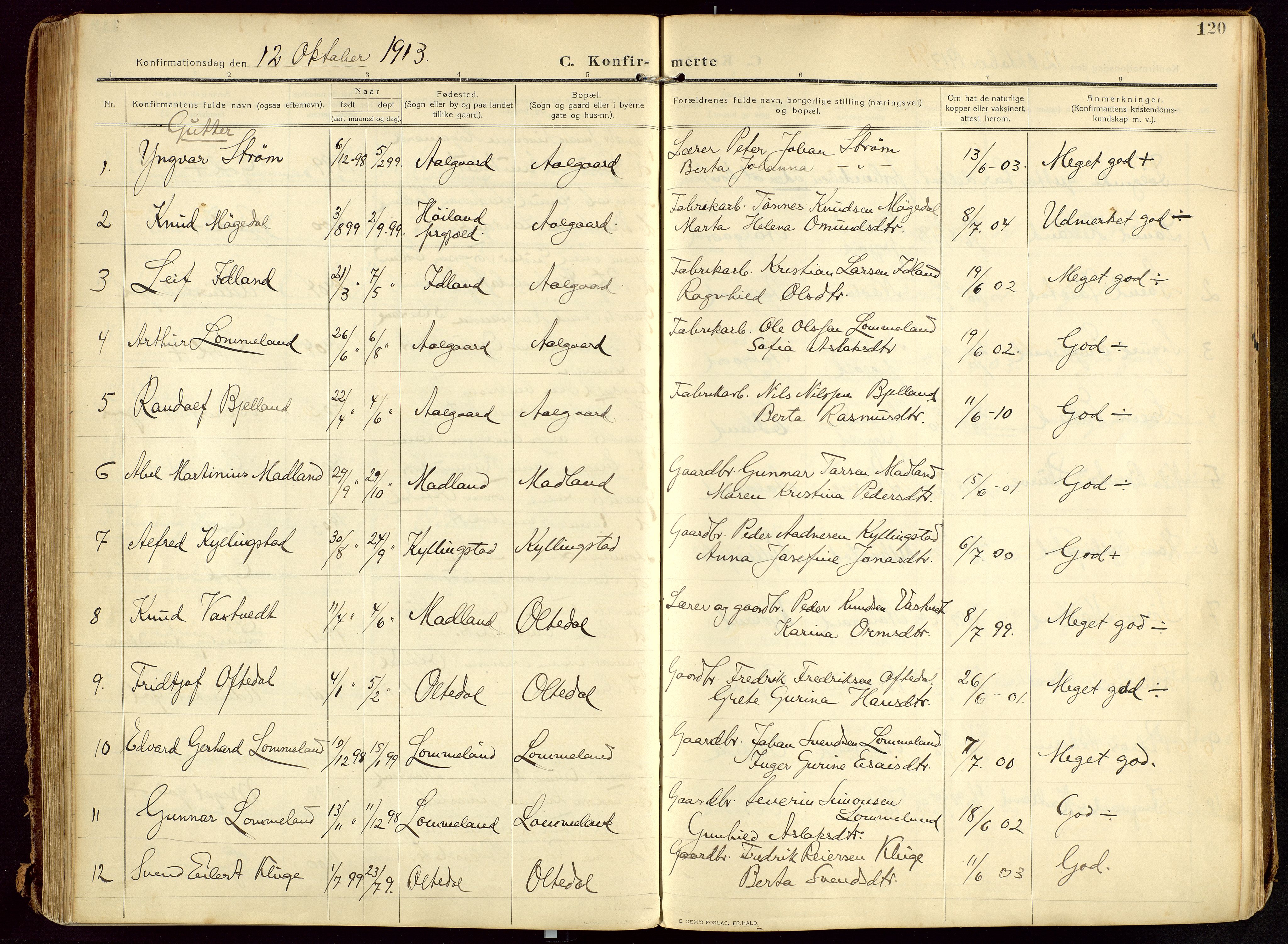 Lye sokneprestkontor, SAST/A-101794/002/B/L0001: Parish register (official) no. A 13, 1910-1925, p. 120