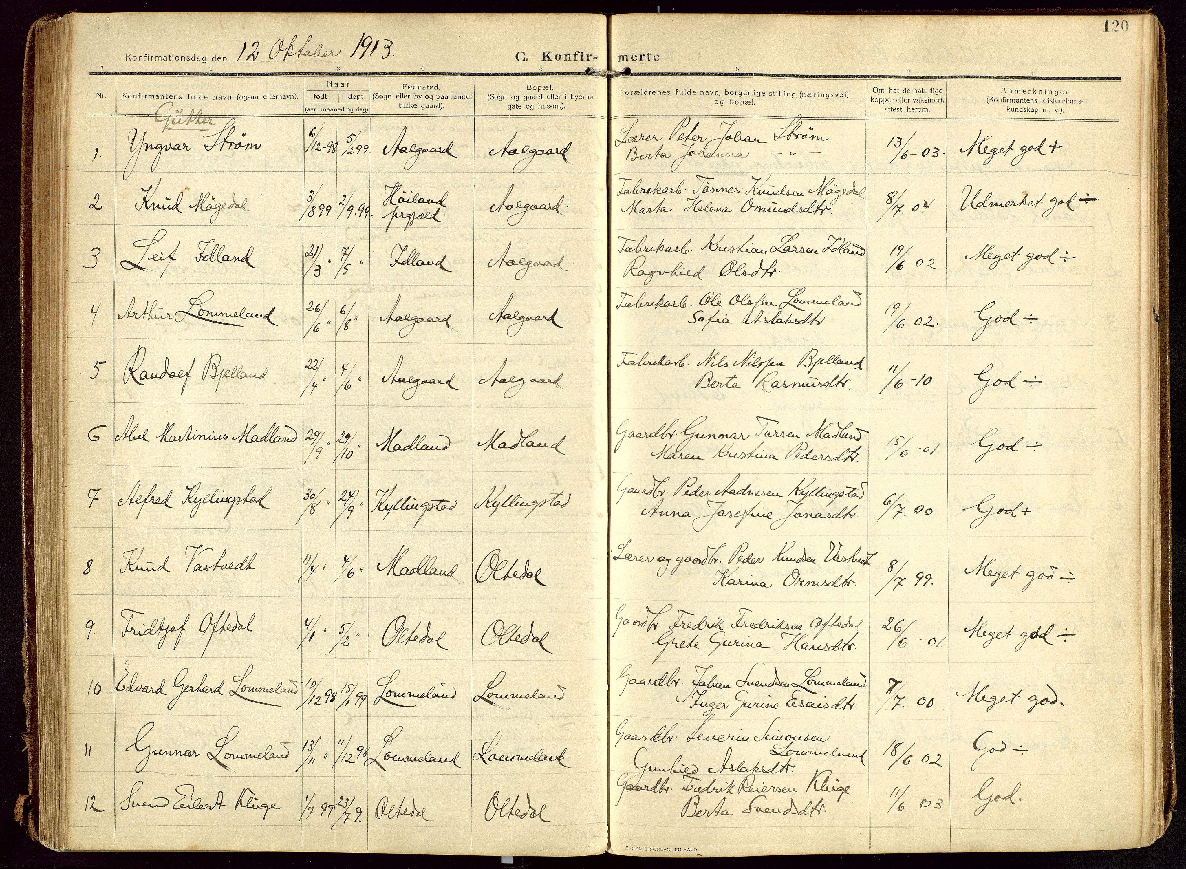 Lye sokneprestkontor, AV/SAST-A-101794/002/B/L0001: Parish register (official) no. A 13, 1910-1925, p. 120