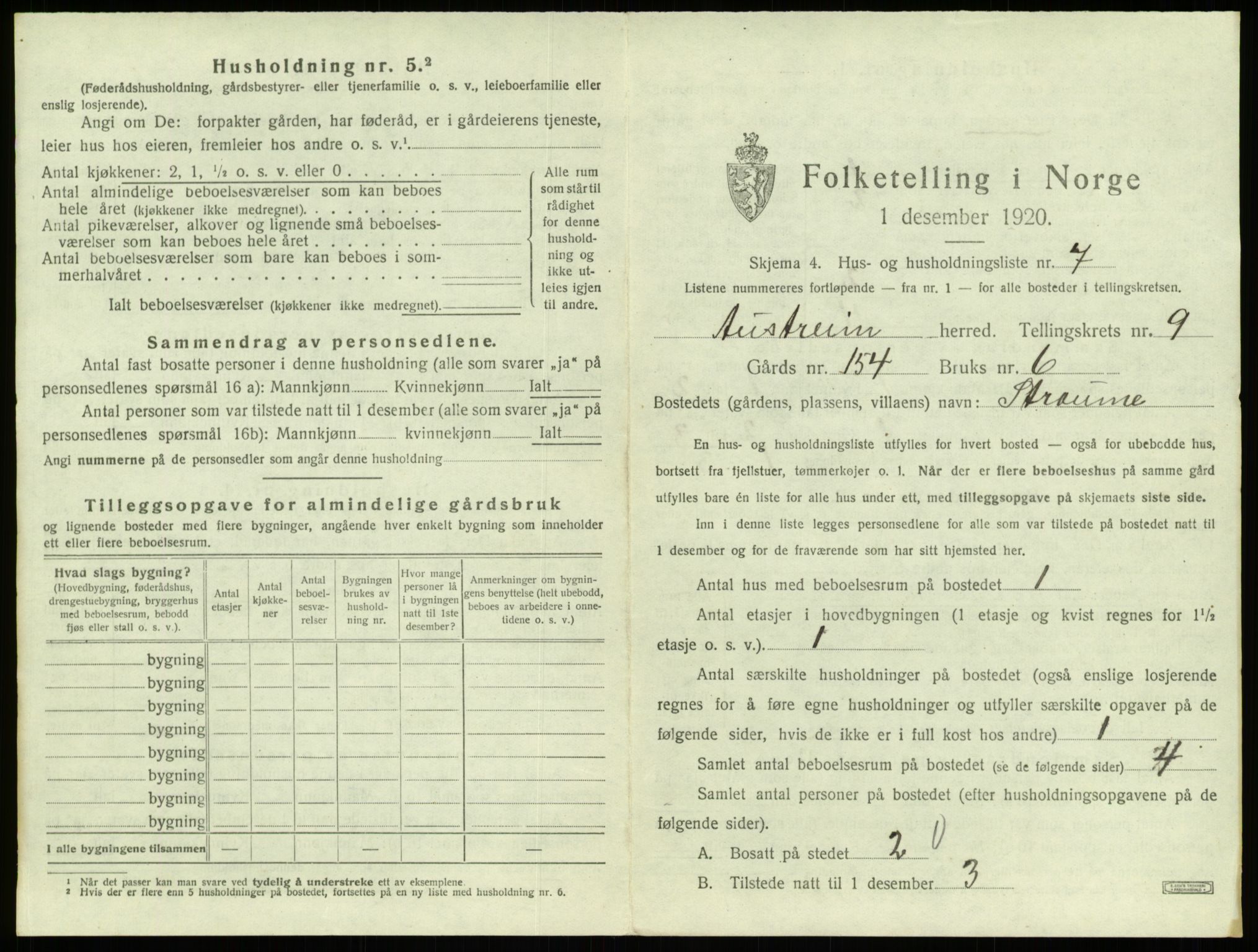 SAB, 1920 census for Austrheim, 1920, p. 433