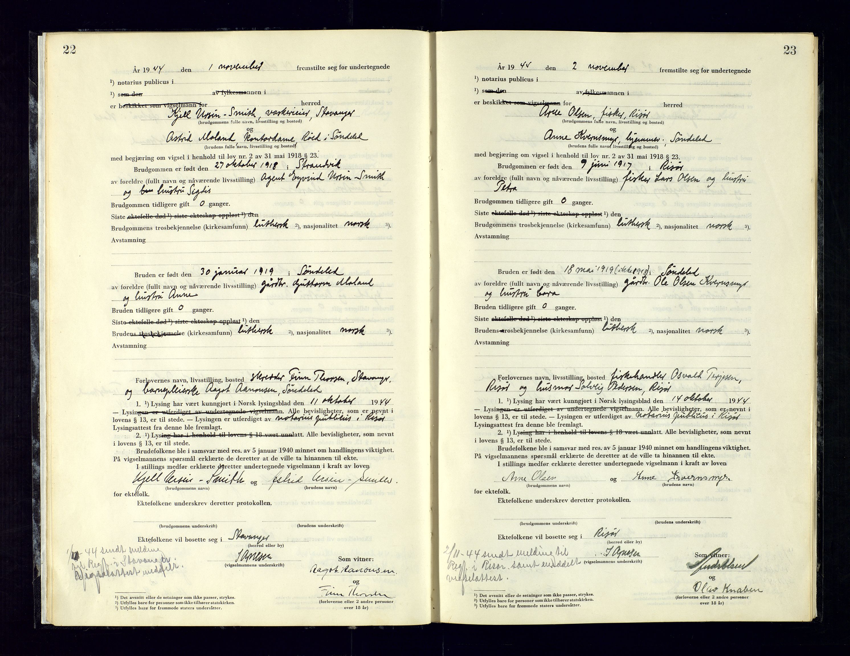 Holt sorenskriveri, AV/SAK-1221-0002/L/Ld/L0003: Vigselbok nr. 2, 1944-1964, p. 22-23