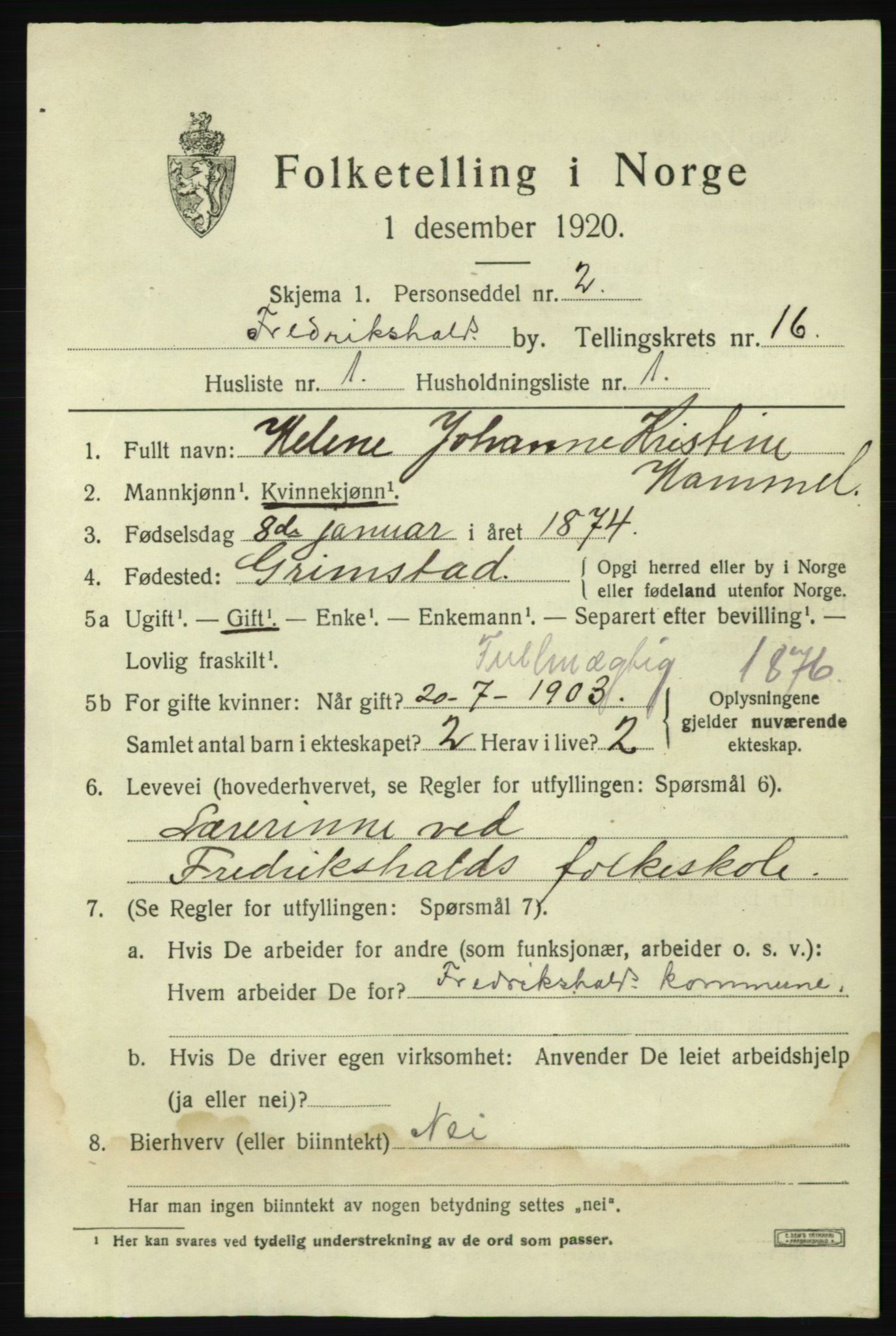 SAO, 1920 census for Fredrikshald, 1920, p. 24735