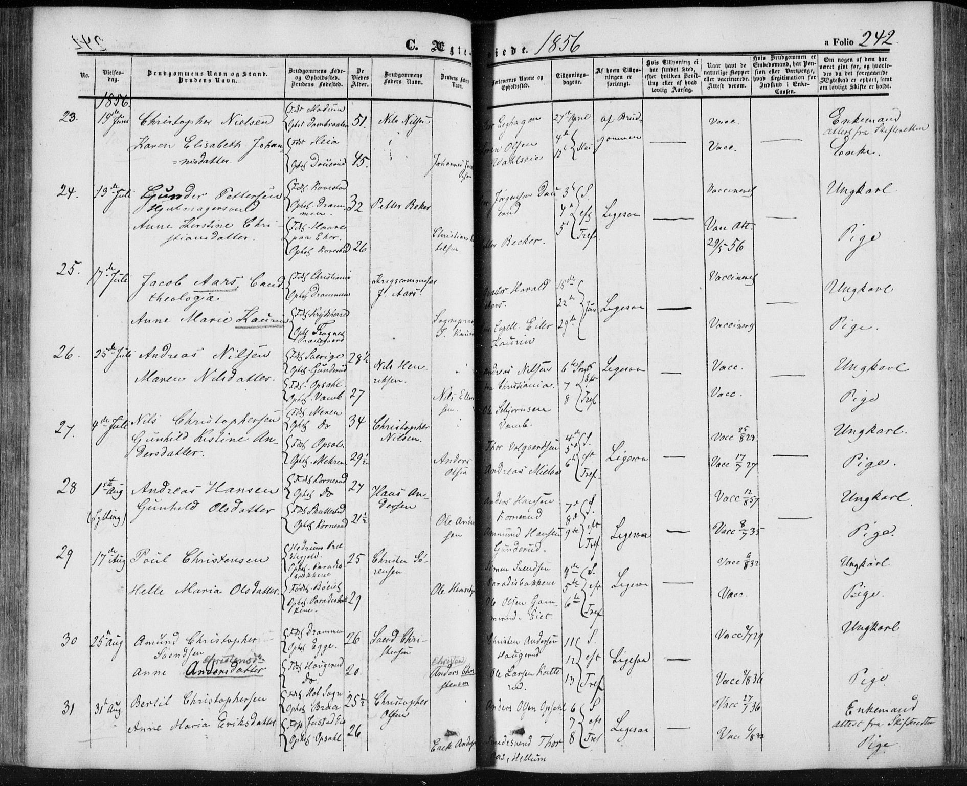 Lier kirkebøker, AV/SAKO-A-230/F/Fa/L0012: Parish register (official) no. I 12, 1854-1864, p. 242