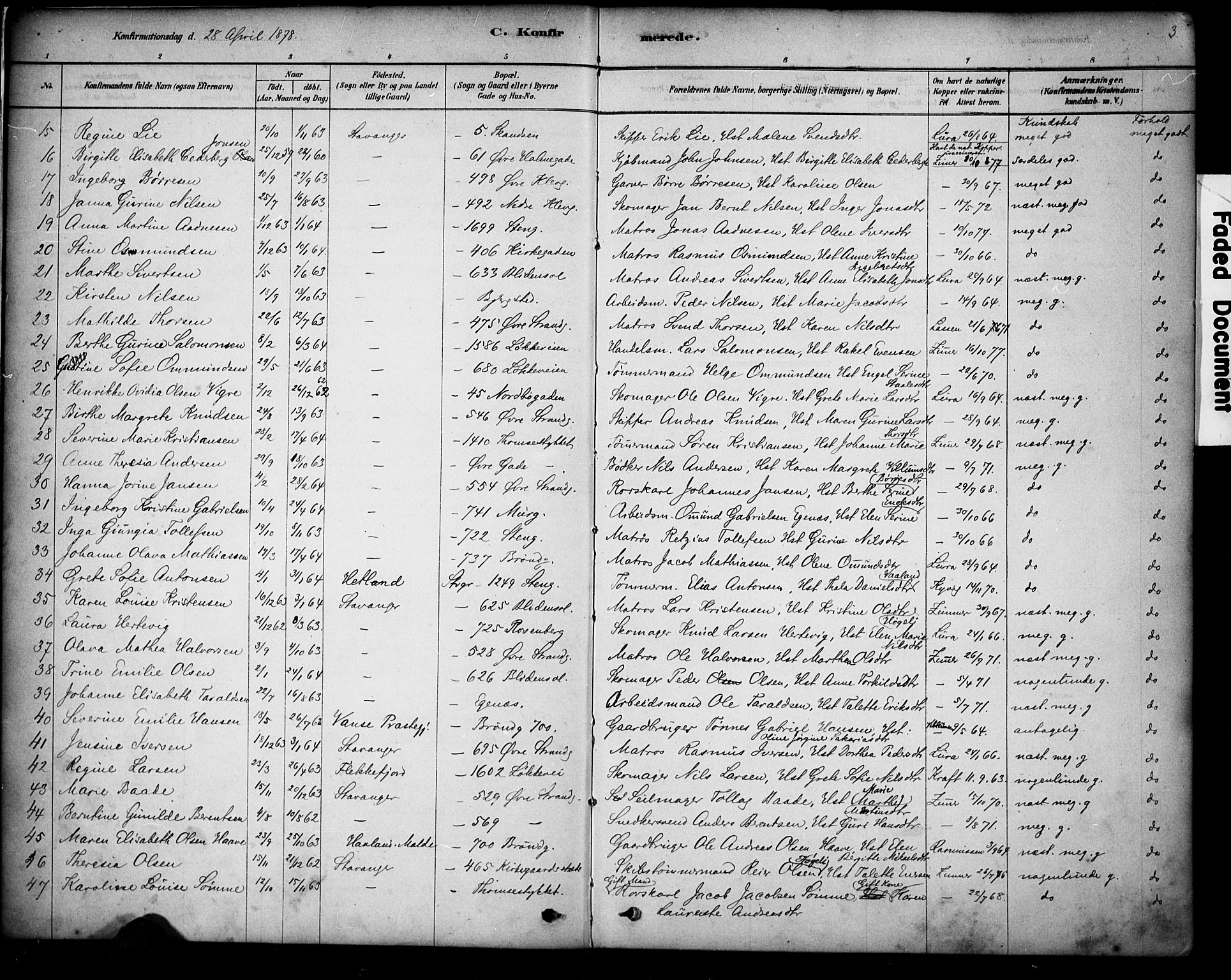 Domkirken sokneprestkontor, SAST/A-101812/001/30/30BA/L0028: Parish register (official) no. A 27, 1878-1896, p. 3