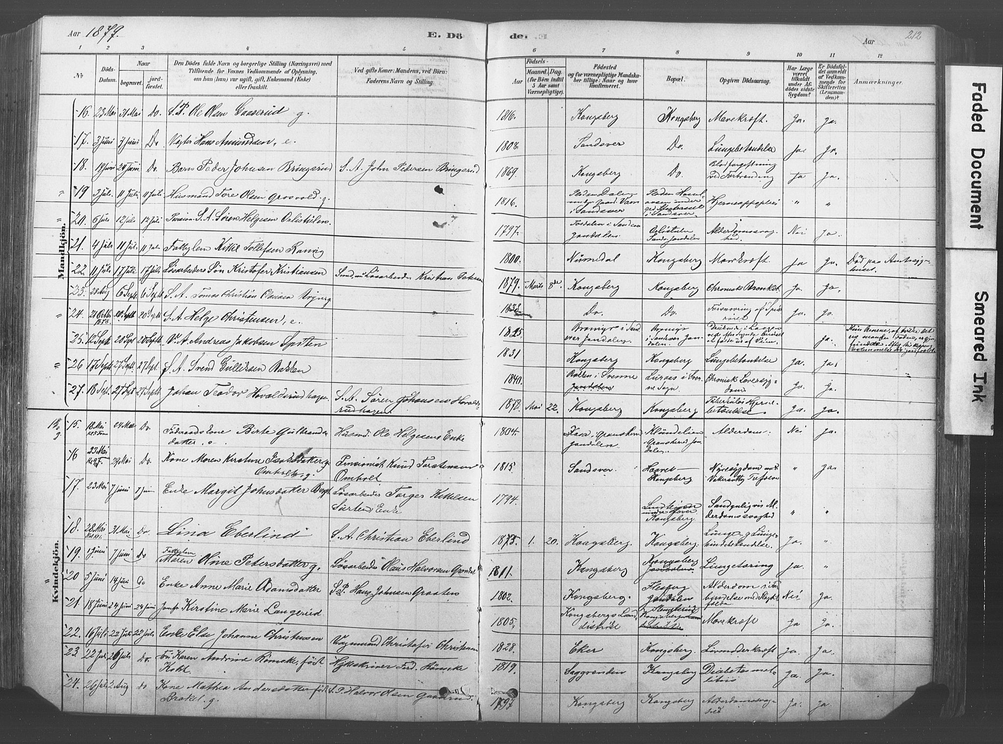 Kongsberg kirkebøker, SAKO/A-22/F/Fb/L0001: Parish register (official) no. II 1, 1878-1886, p. 212