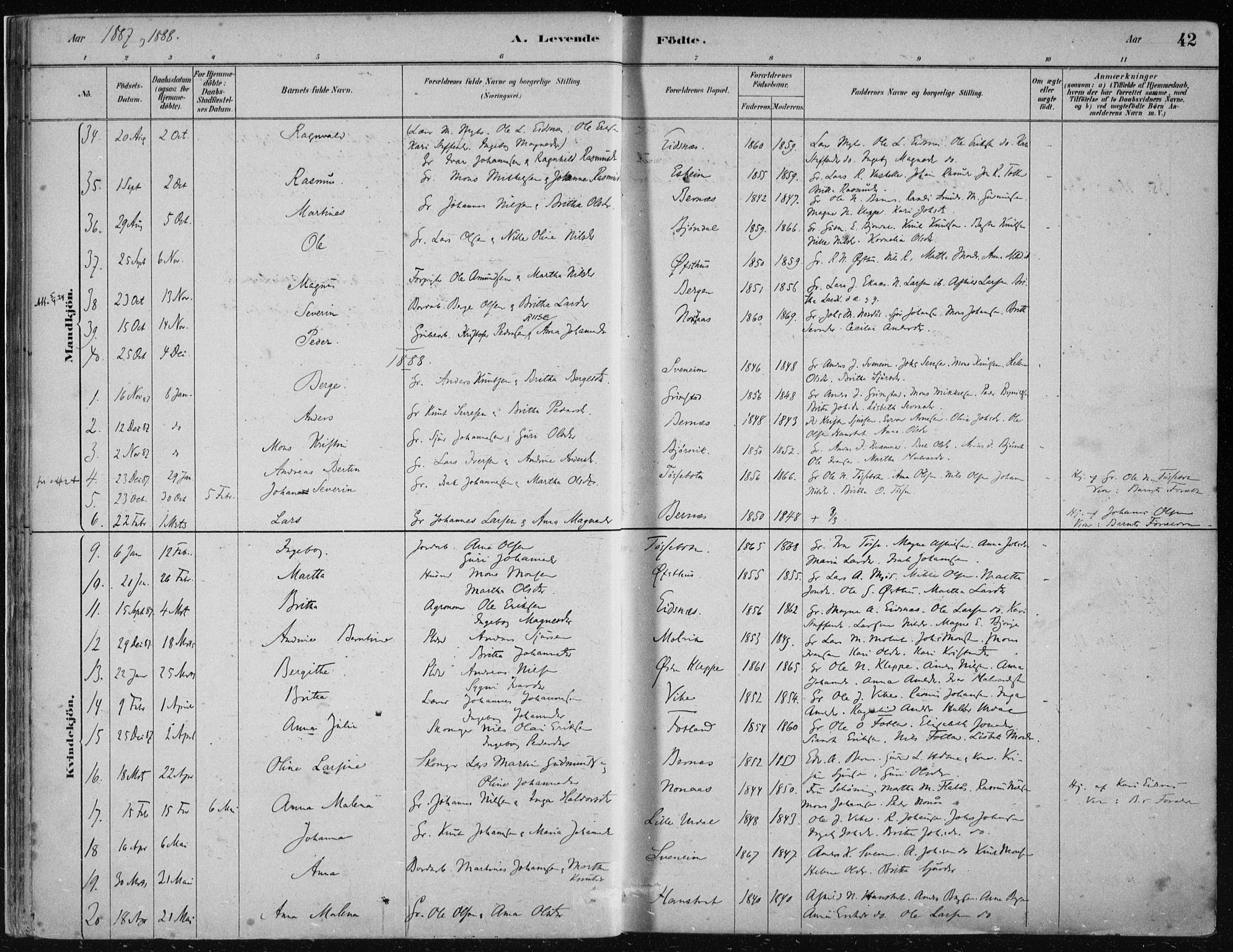 Hosanger sokneprestembete, AV/SAB-A-75801/H/Haa: Parish register (official) no. B  1, 1880-1896, p. 42