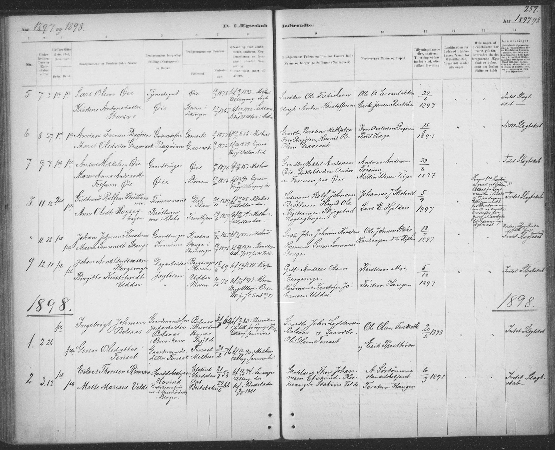 Ministerialprotokoller, klokkerbøker og fødselsregistre - Sør-Trøndelag, AV/SAT-A-1456/691/L1085: Parish register (official) no. 691A17, 1887-1908, p. 257