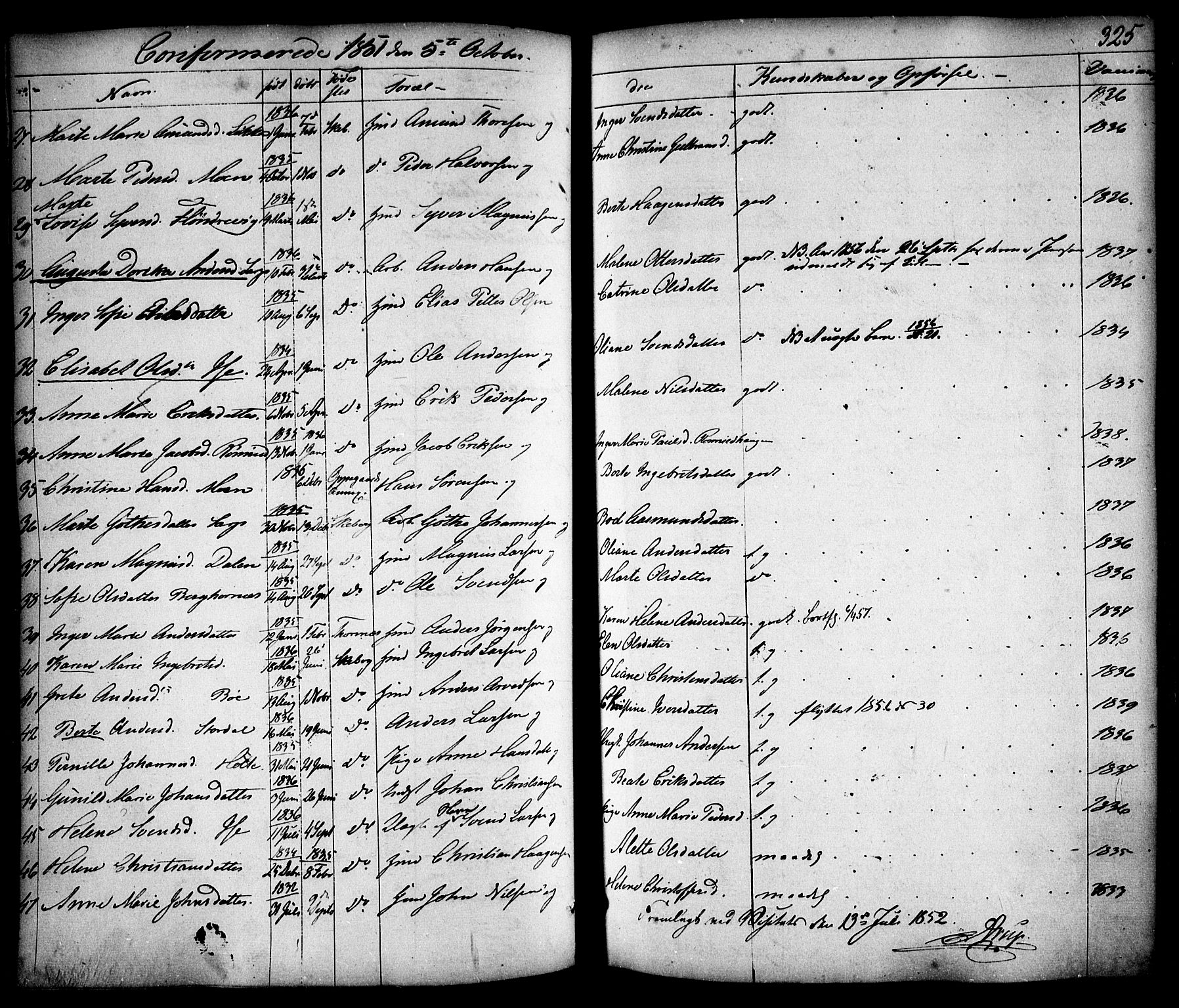 Skjeberg prestekontor Kirkebøker, AV/SAO-A-10923/F/Fa/L0006: Parish register (official) no. I 6, 1846-1858, p. 325