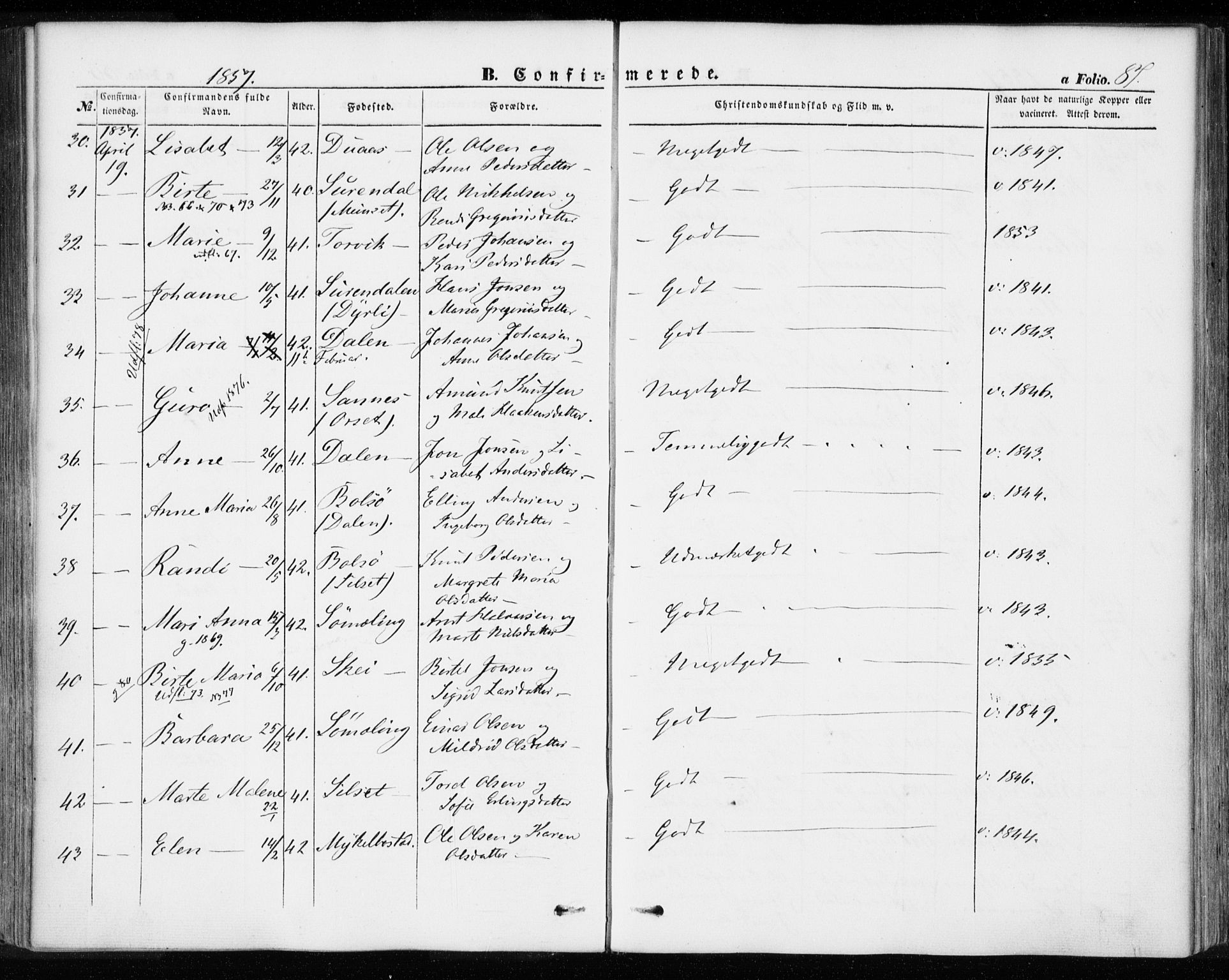 Ministerialprotokoller, klokkerbøker og fødselsregistre - Møre og Romsdal, SAT/A-1454/584/L0965: Parish register (official) no. 584A05, 1857-1868, p. 87