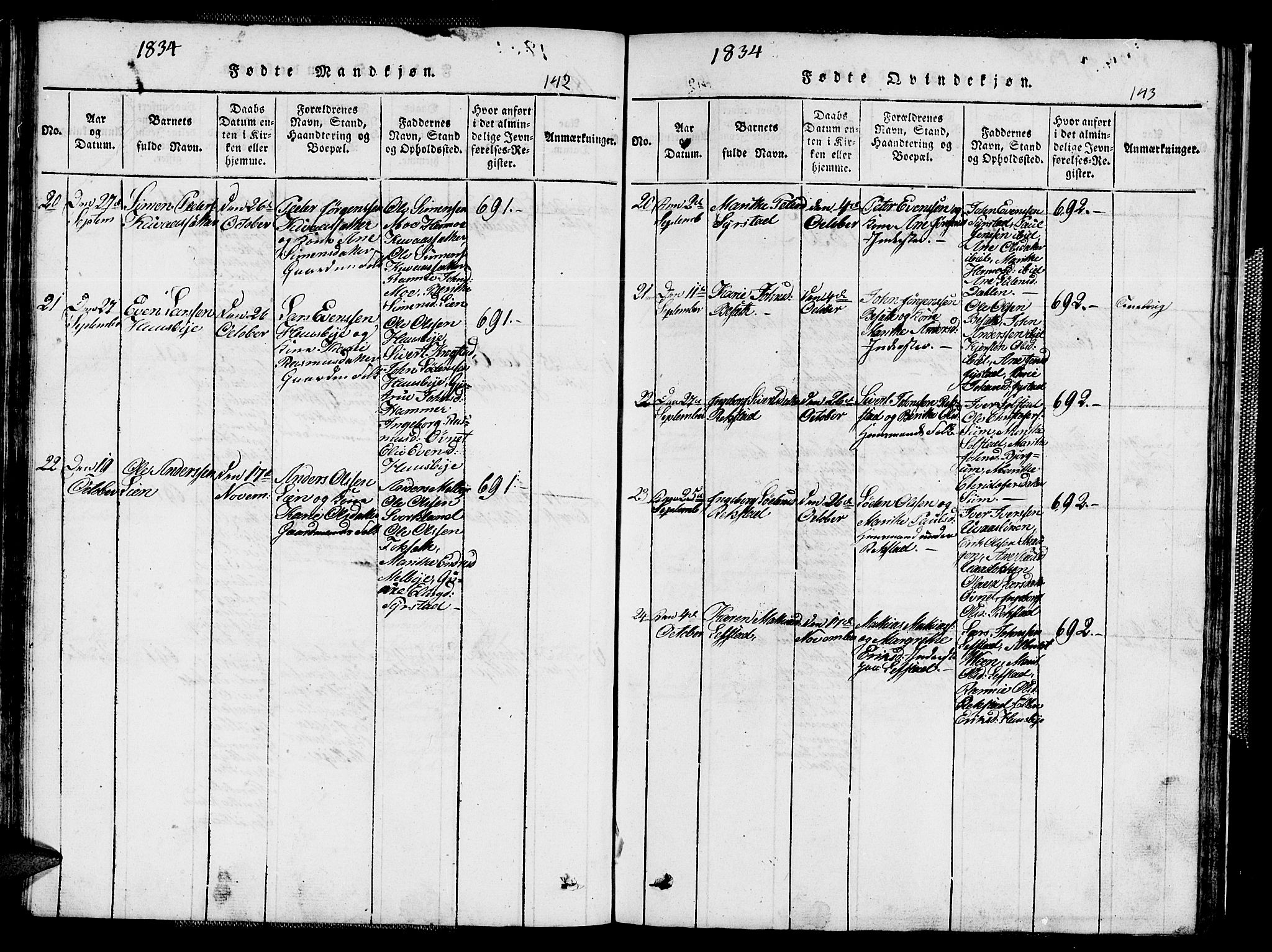 Ministerialprotokoller, klokkerbøker og fødselsregistre - Sør-Trøndelag, SAT/A-1456/667/L0796: Parish register (copy) no. 667C01, 1817-1836, p. 142-143