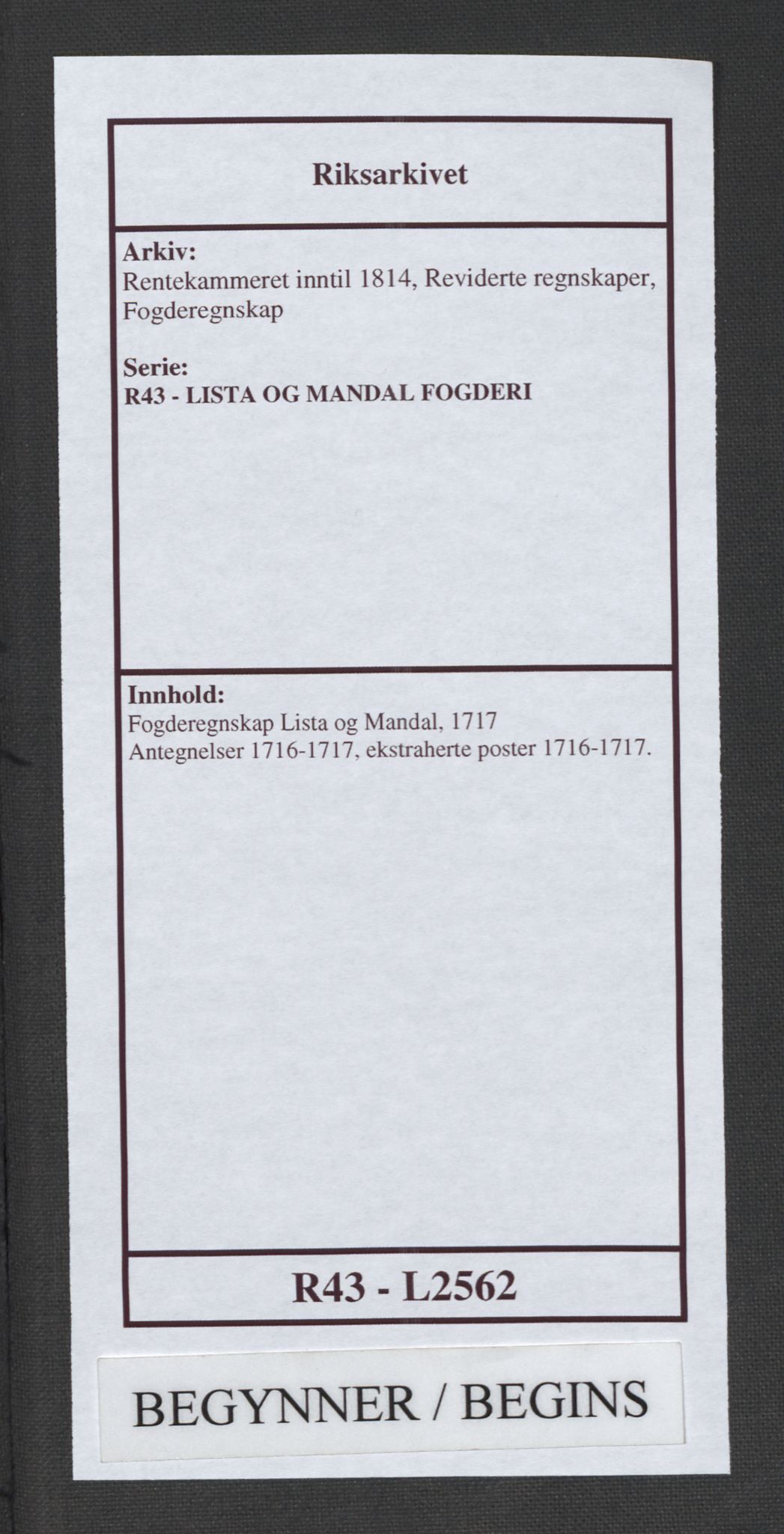 Rentekammeret inntil 1814, Reviderte regnskaper, Fogderegnskap, RA/EA-4092/R43/L2562: Fogderegnskap Lista og Mandal, 1717, p. 1