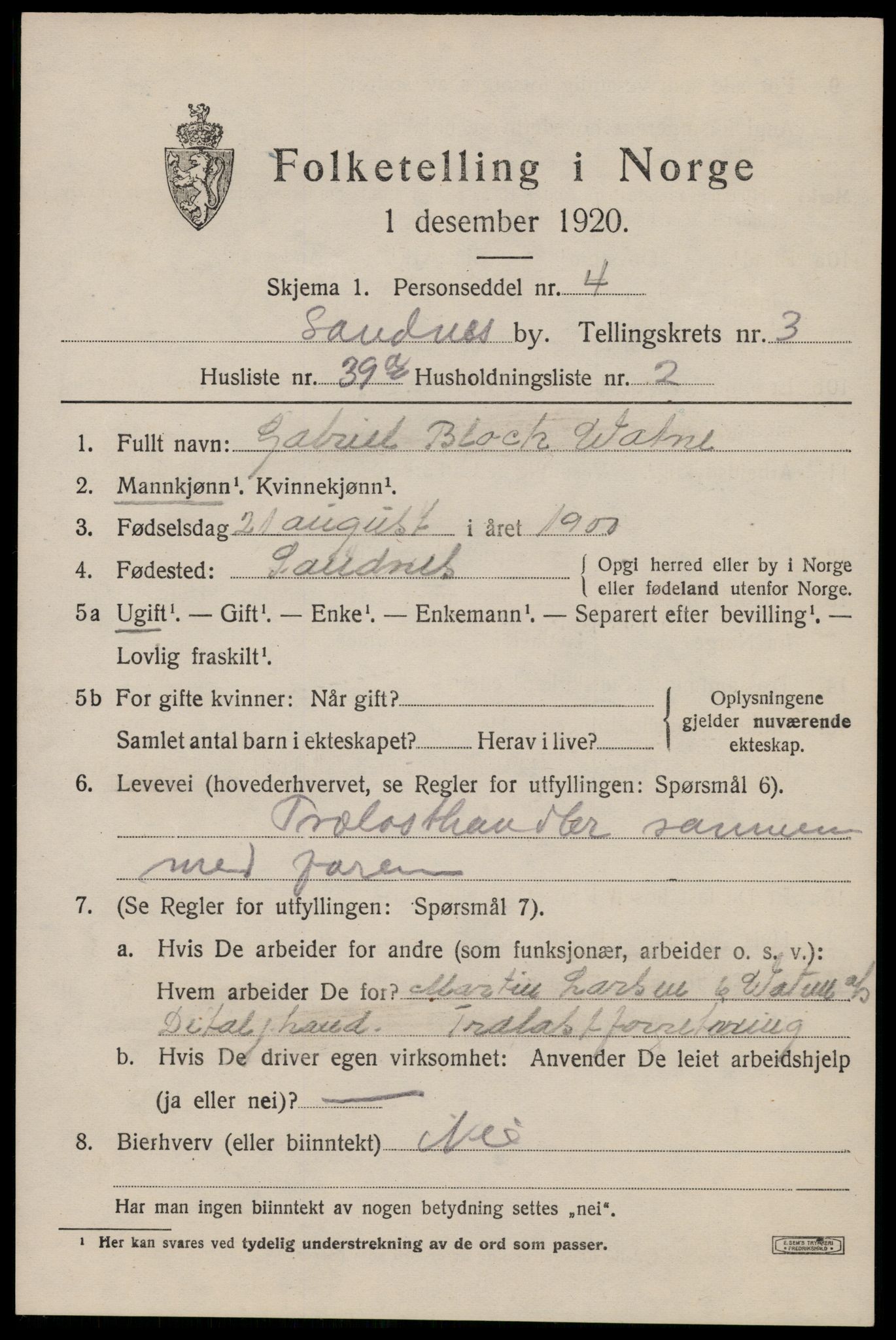 SAST, 1920 census for Sandnes, 1920, p. 4118