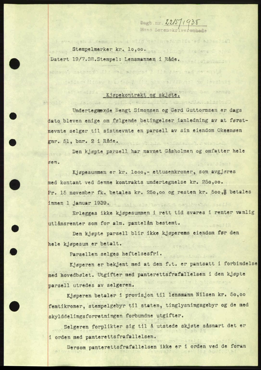 Moss sorenskriveri, SAO/A-10168: Mortgage book no. A5, 1938-1939, Diary no: : 2215/1938