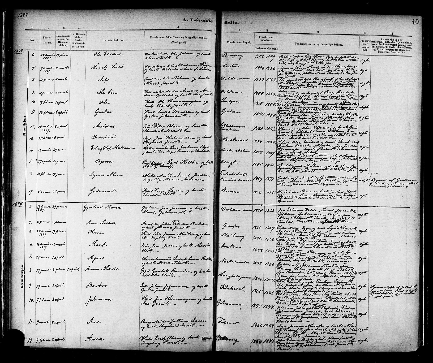 Ministerialprotokoller, klokkerbøker og fødselsregistre - Nord-Trøndelag, AV/SAT-A-1458/706/L0047: Parish register (official) no. 706A03, 1878-1892, p. 40