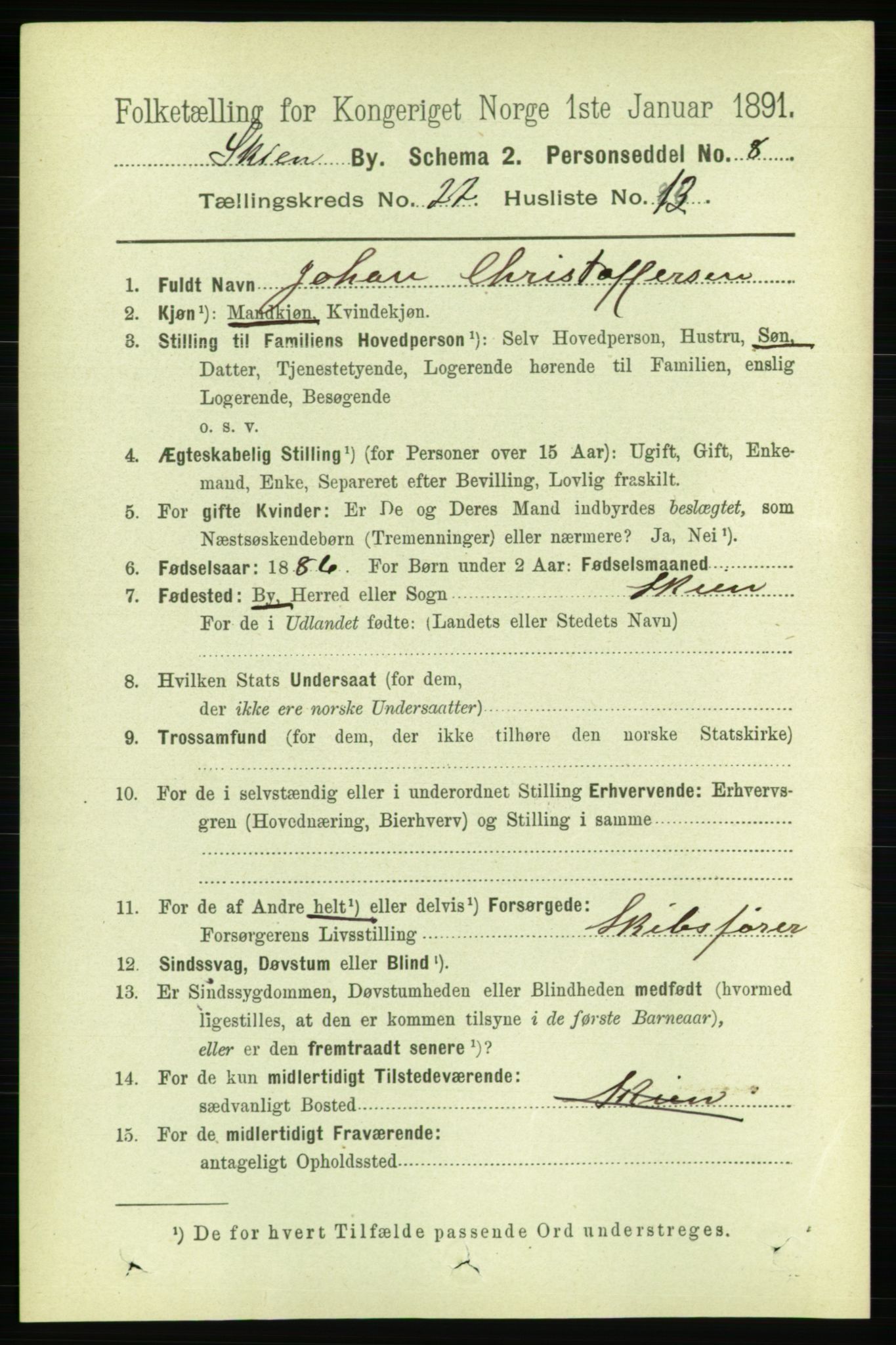 RA, 1891 census for 0806 Skien, 1891, p. 5806