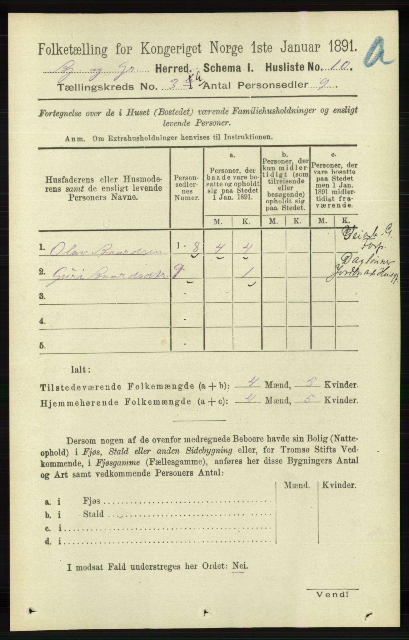 RA, 1891 census for 1024 Bjelland og Grindheim, 1891, p. 1415