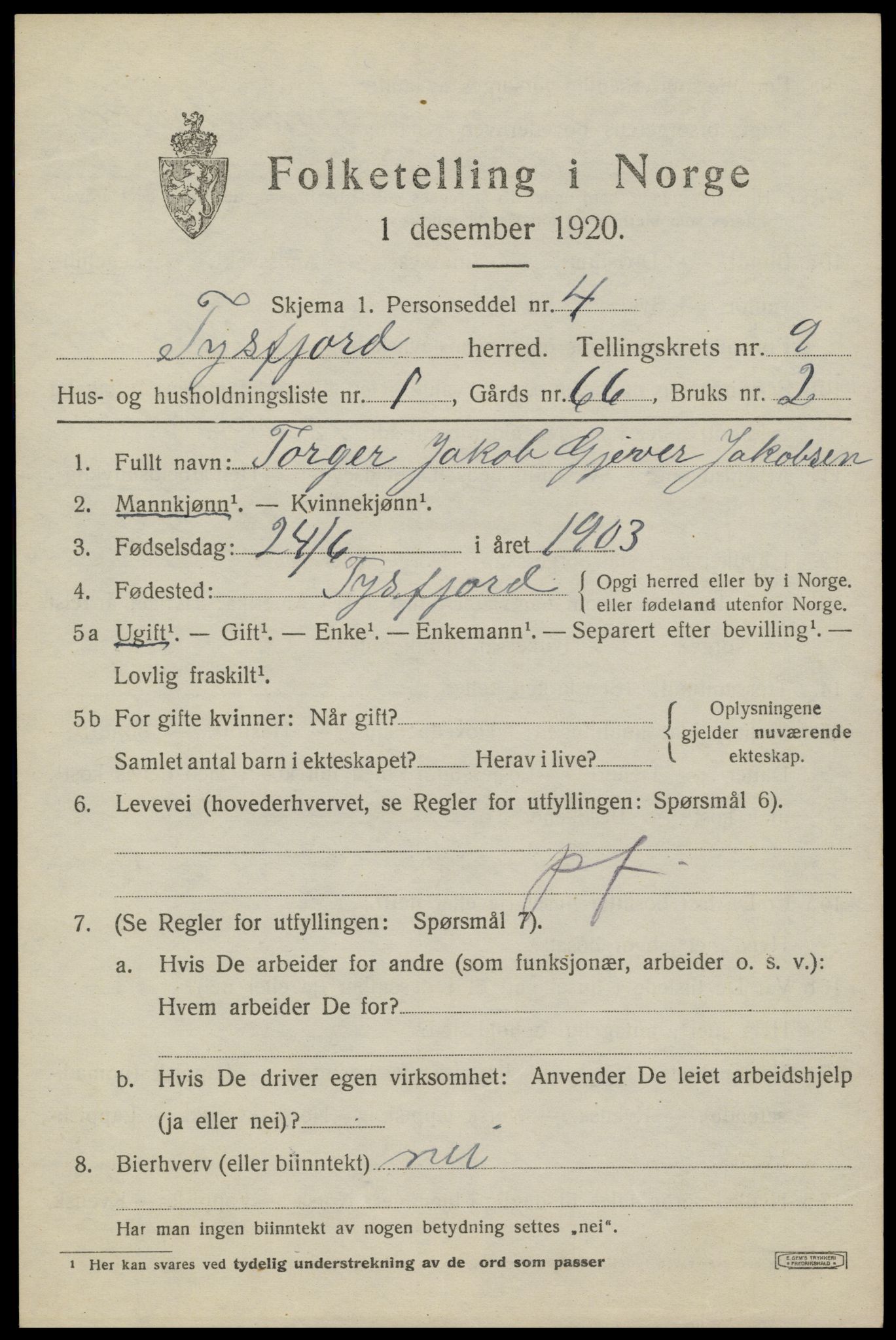 SAT, 1920 census for Tysfjord, 1920, p. 6265