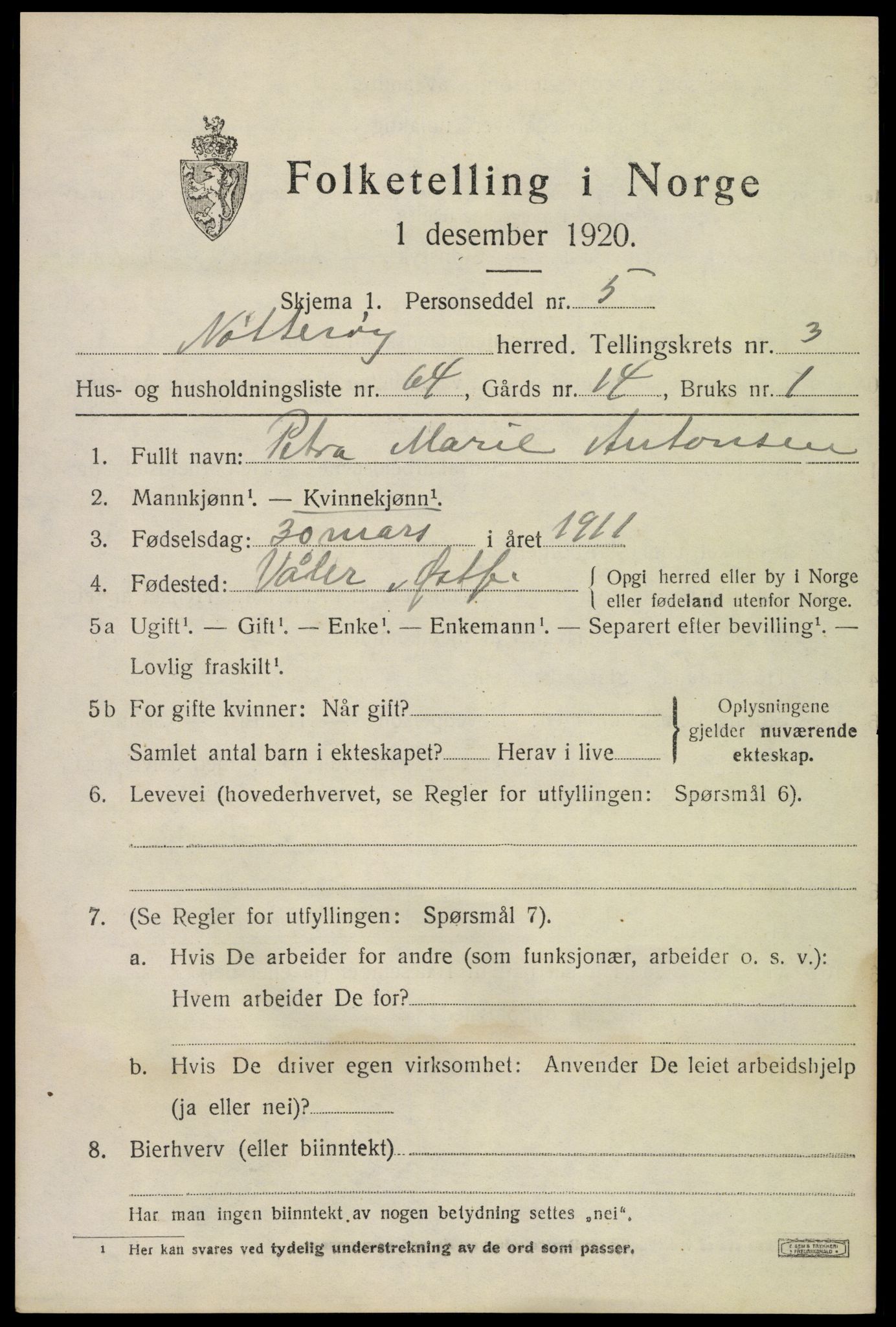 SAKO, 1920 census for Nøtterøy, 1920, p. 6227