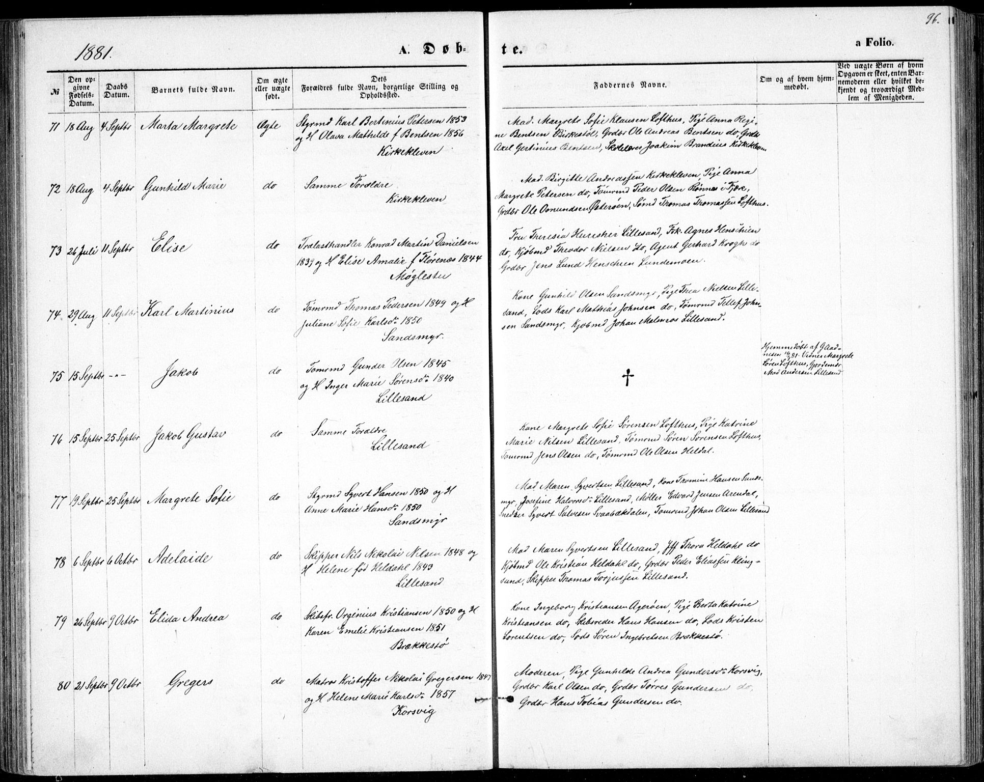Vestre Moland sokneprestkontor, SAK/1111-0046/F/Fb/Fbb/L0005: Parish register (copy) no. B 5, 1872-1883, p. 96
