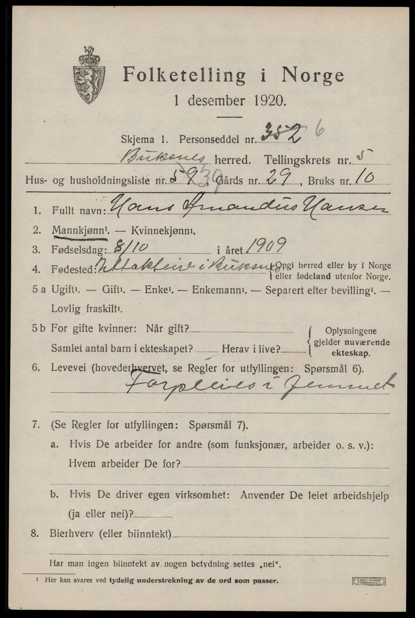 SAT, 1920 census for Buksnes, 1920, p. 5779