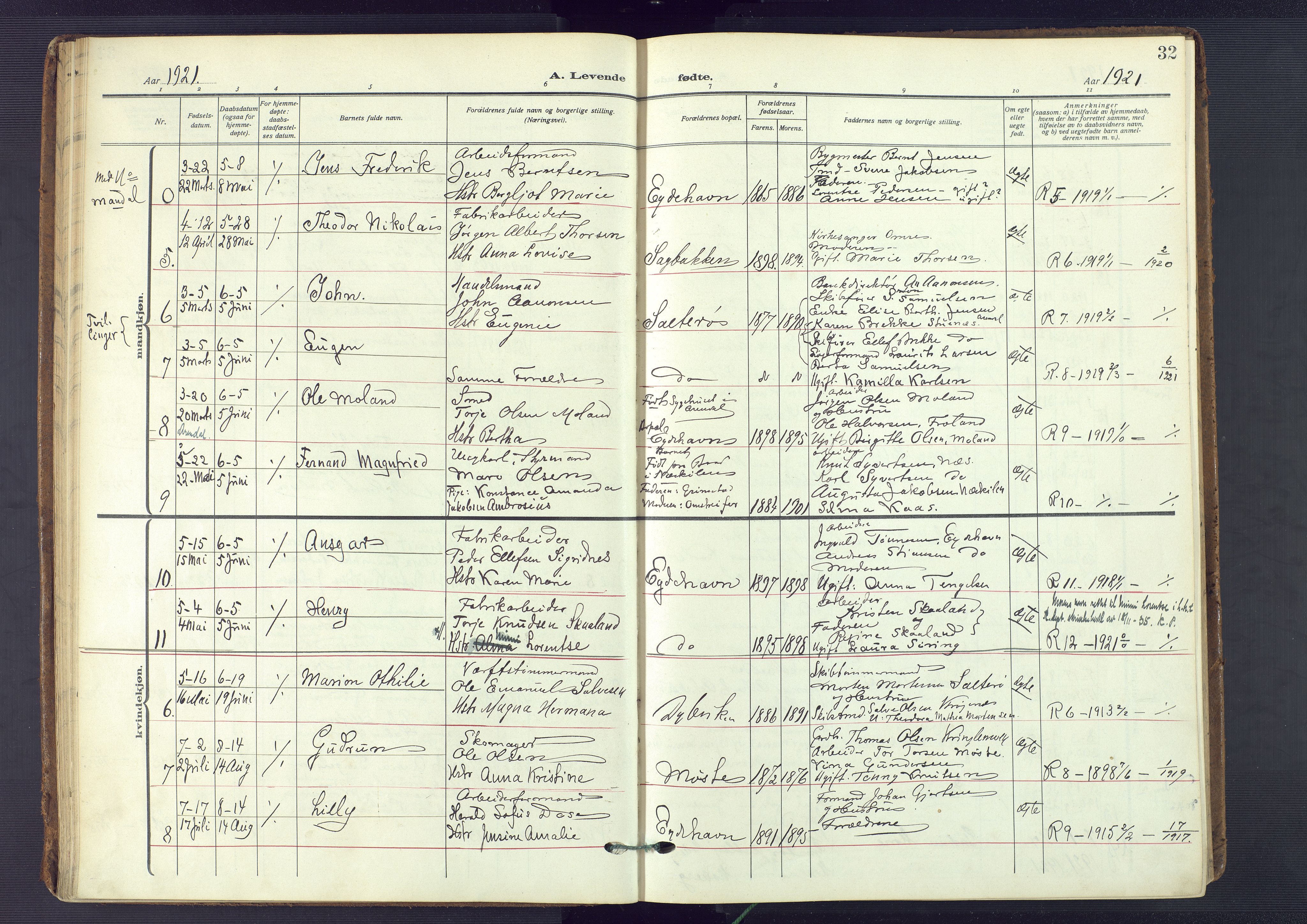 Austre Moland sokneprestkontor, SAK/1111-0001/F/Fa/Fab/L0003: Parish register (official) no. A 3, 1914-1927, p. 32