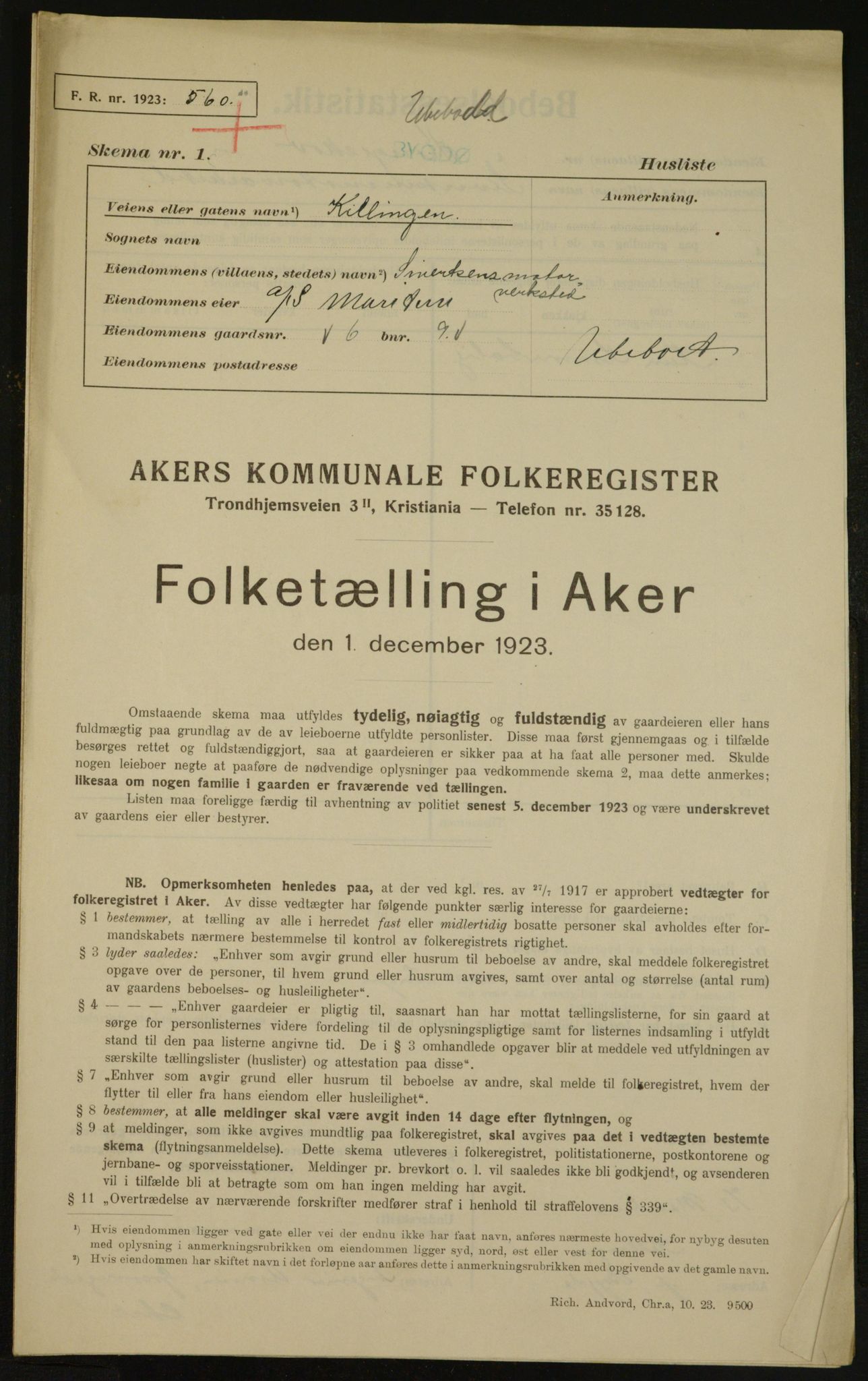 , Municipal Census 1923 for Aker, 1923, p. 3264