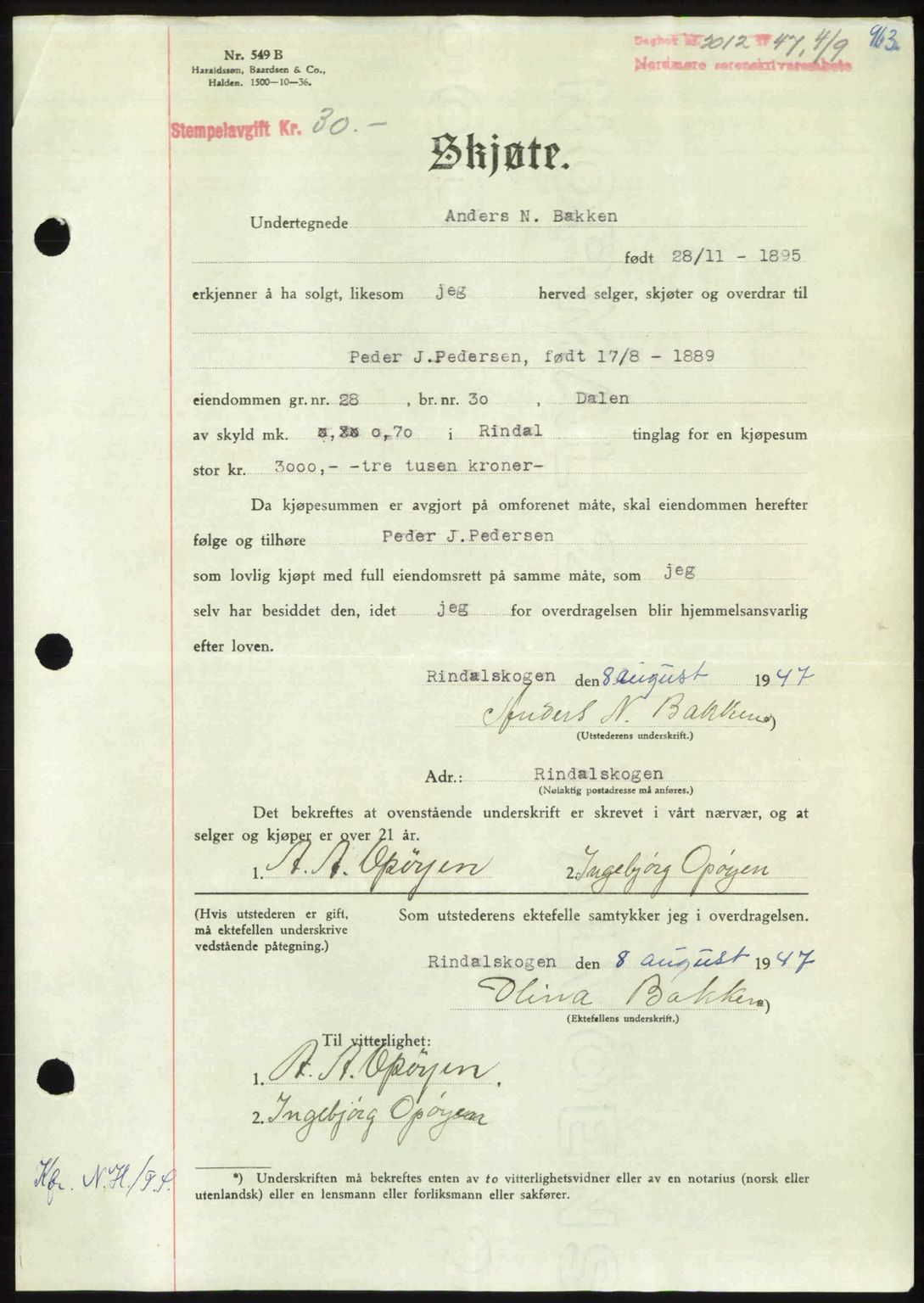 Nordmøre sorenskriveri, AV/SAT-A-4132/1/2/2Ca: Mortgage book no. A105, 1947-1947, Diary no: : 2012/1947