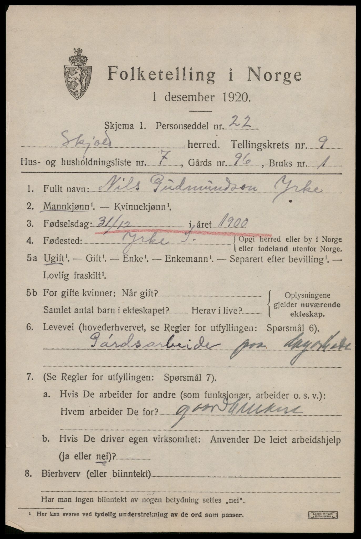 SAST, 1920 census for Skjold, 1920, p. 4428