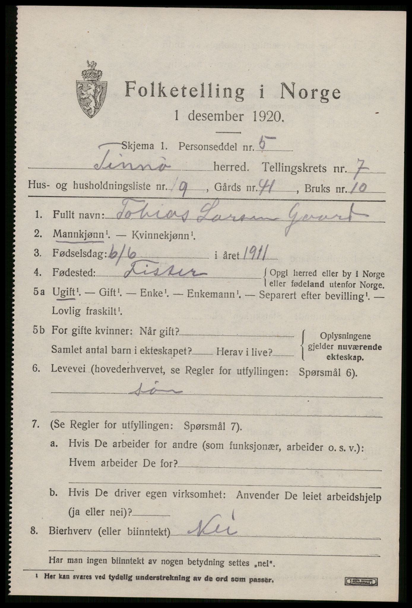 SAST, 1920 census for Finnøy, 1920, p. 3642