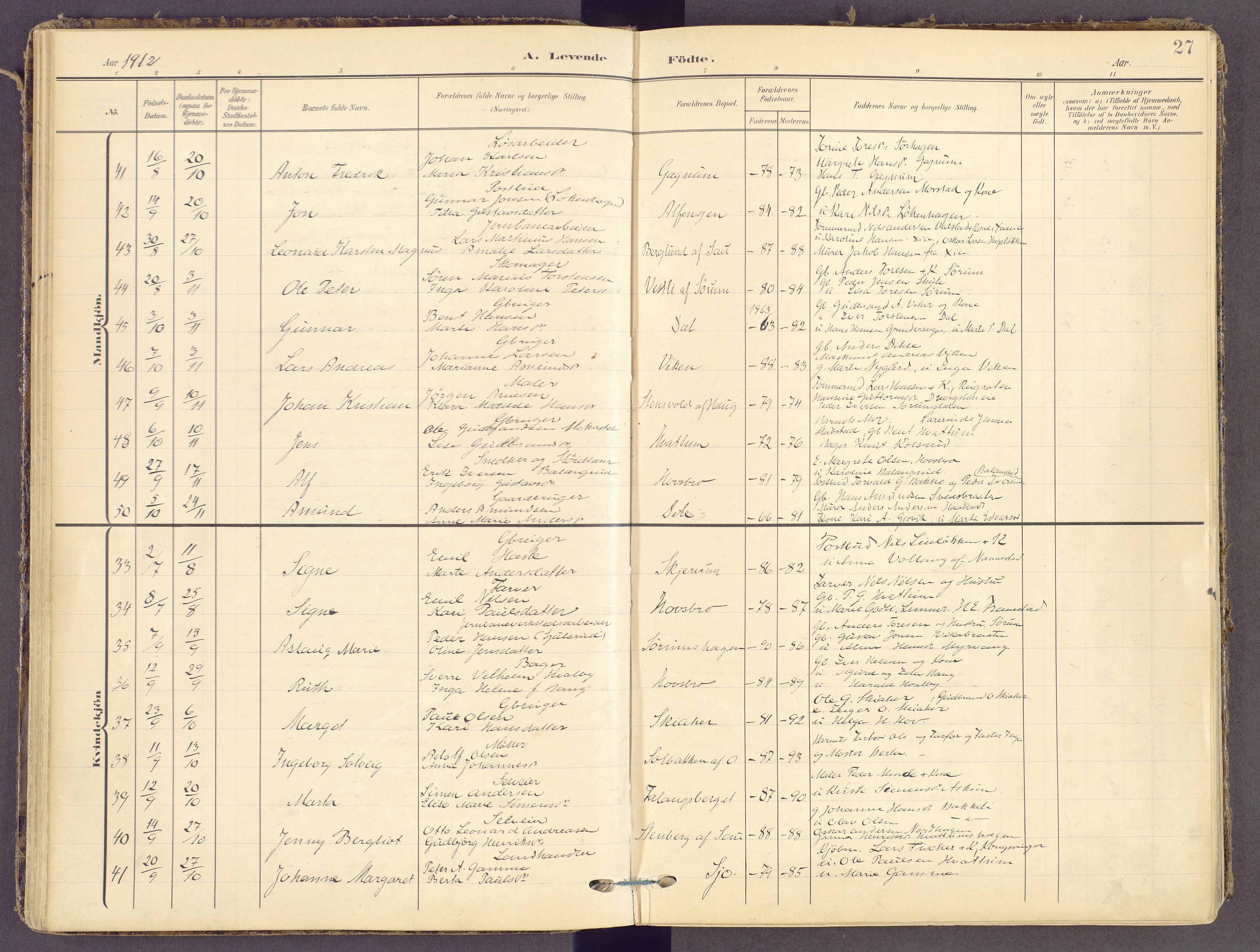 Gran prestekontor, AV/SAH-PREST-112/H/Ha/Haa/L0021: Parish register (official) no. 21, 1908-1932, p. 27
